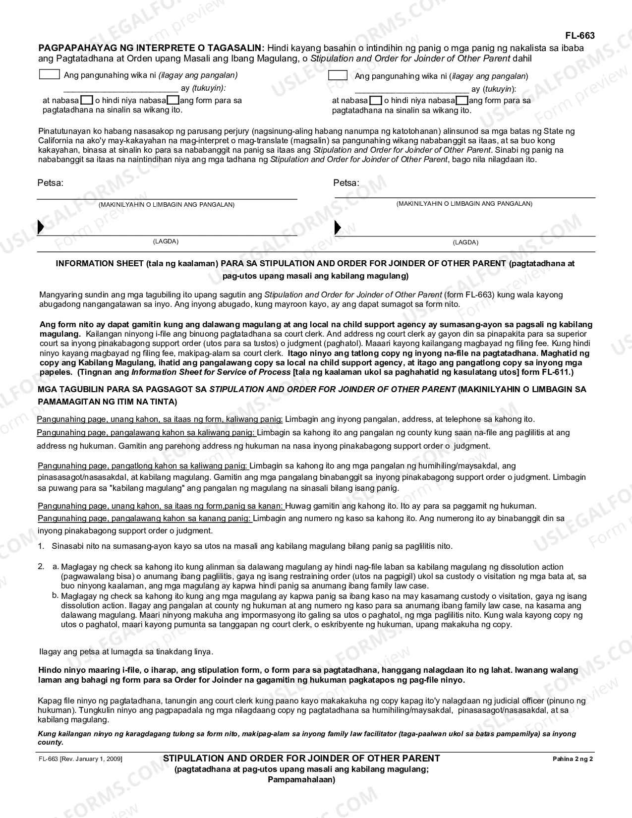 Preview Stipulation and Order for Joinder of Other Parent - Governmental - Tagalog