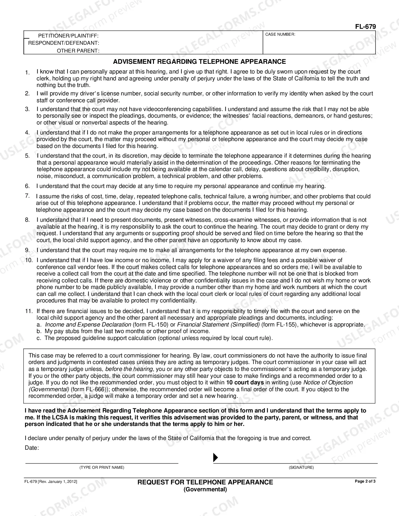 Preview Request for Telephone Appearance - Governmental