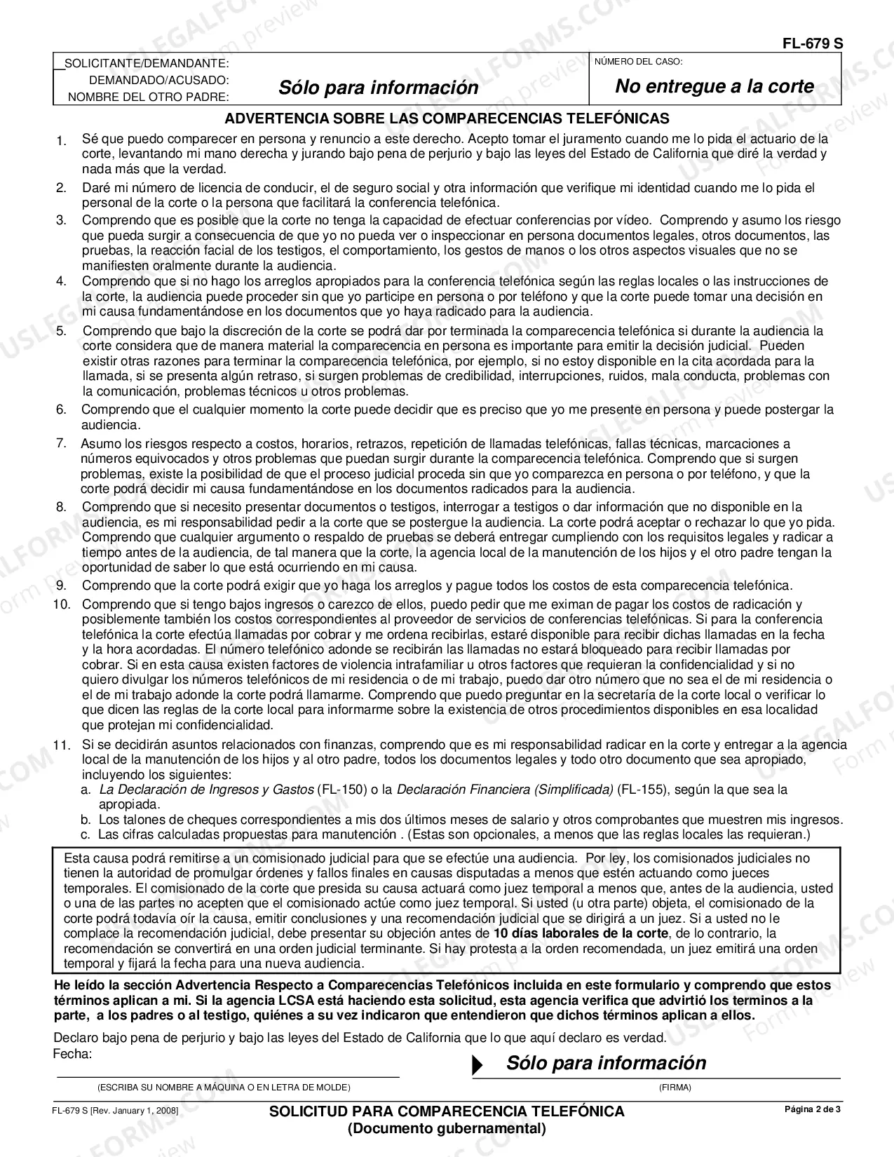 Preview Request for Telephone Appearance - Governmental - Spanish