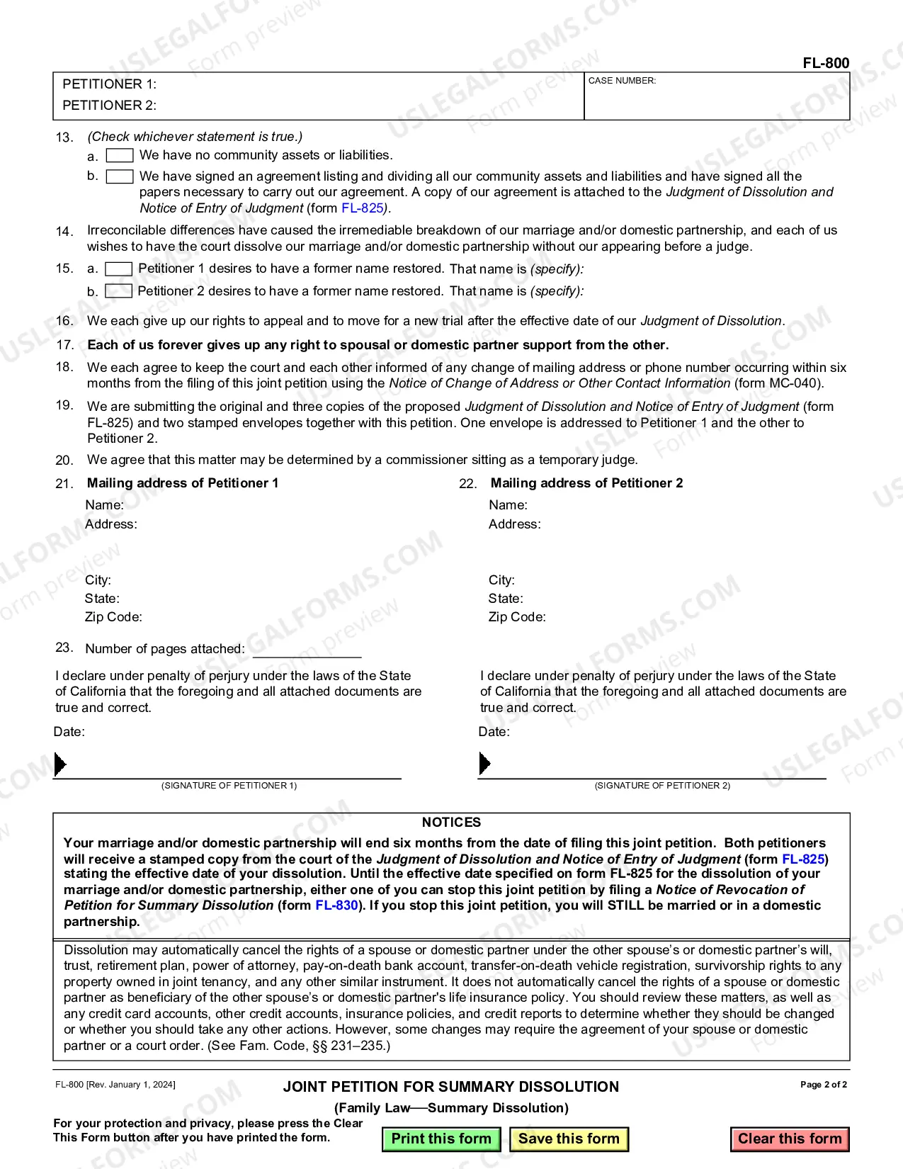 Preview Joint Petition for Summary Dissolution at Marriage