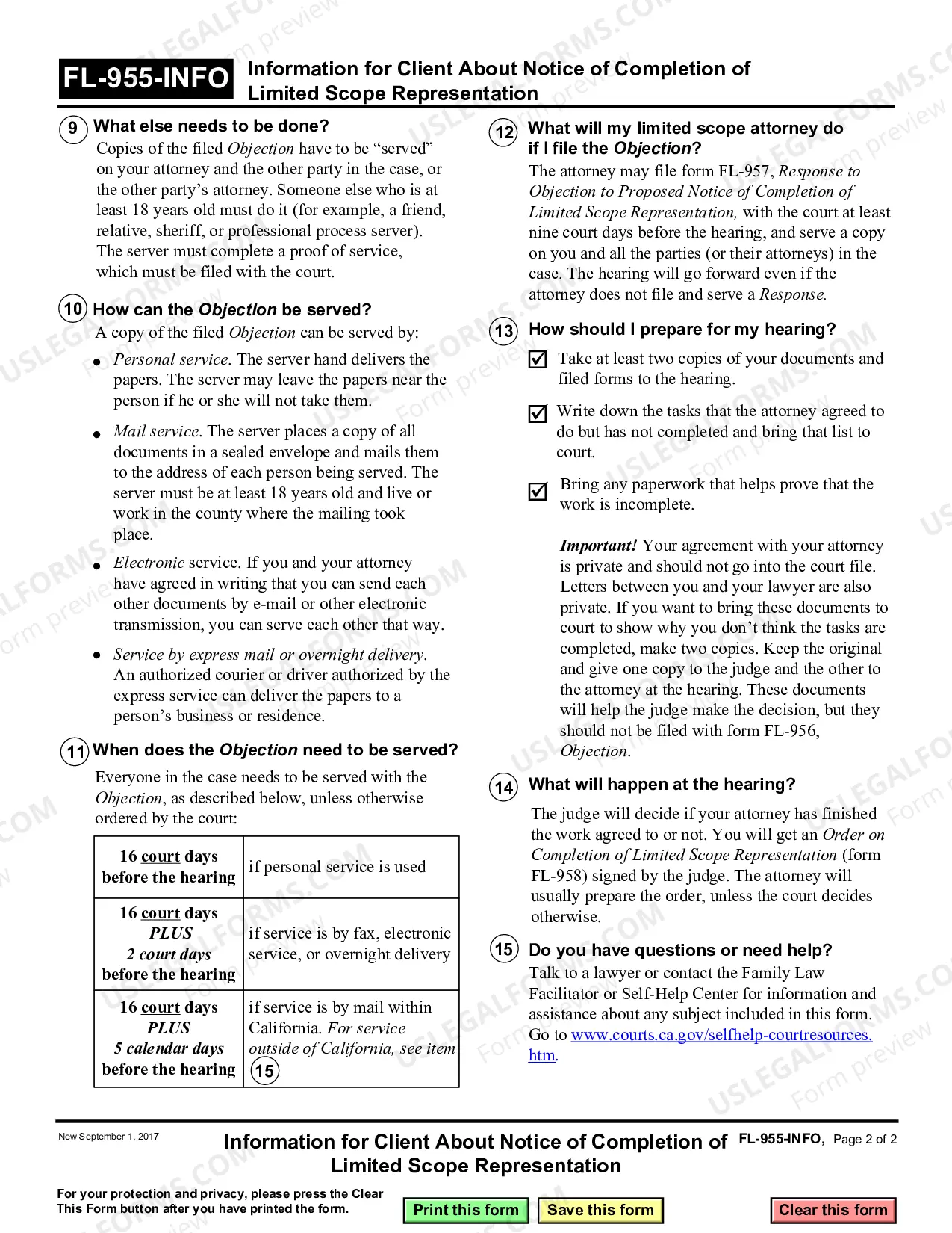 Preview Information for Client About Notice of Completion of Limited Scope Representation