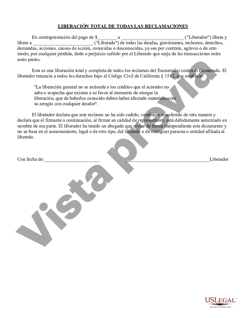 Preview Liberación Unilateral - Liberación con renuncia de la Sección del Código Civil de California. 1542.