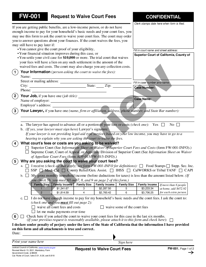 California Application for Waiver of Court Fees and Costs California