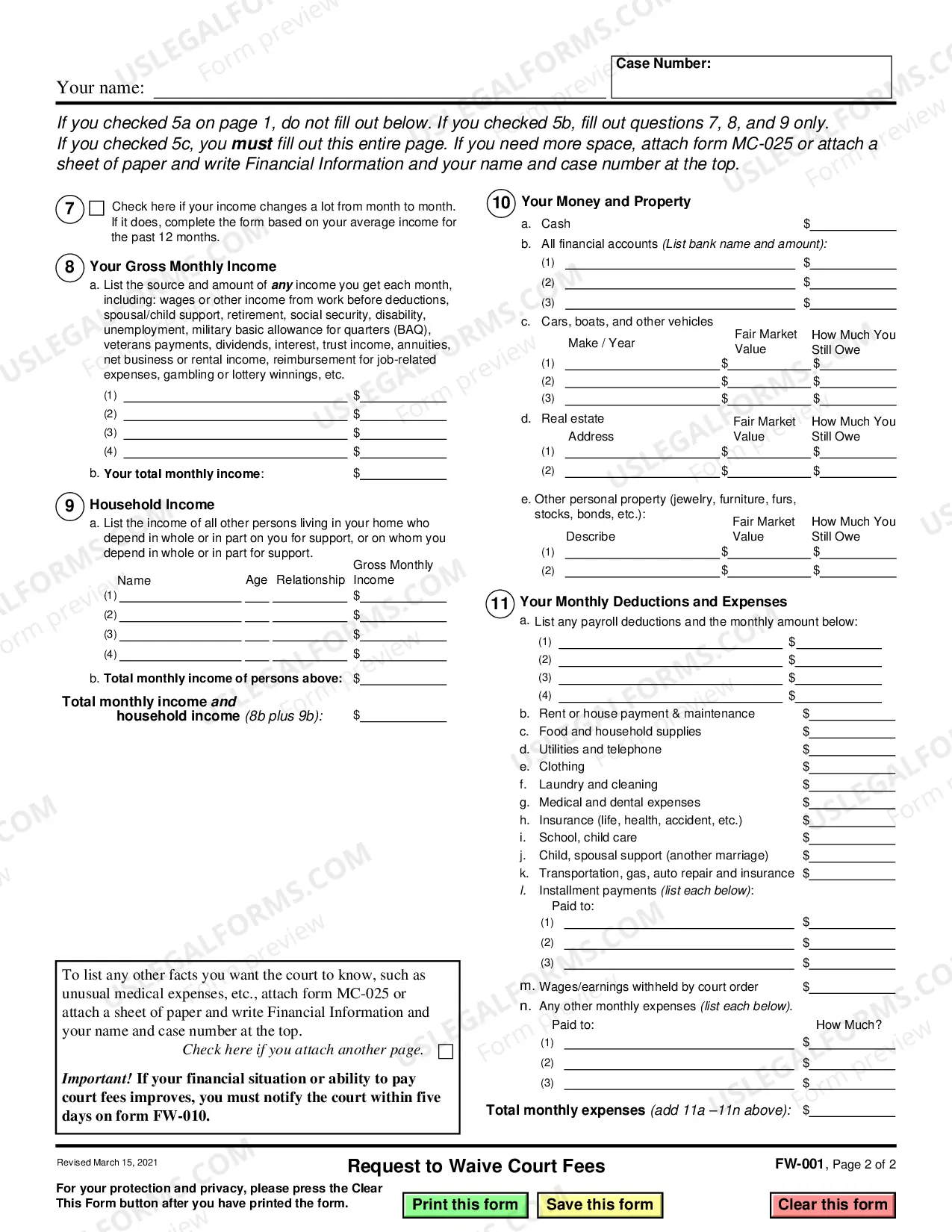 Preview Application for Waiver of Court Fees and Costs - In Forma Pauperis