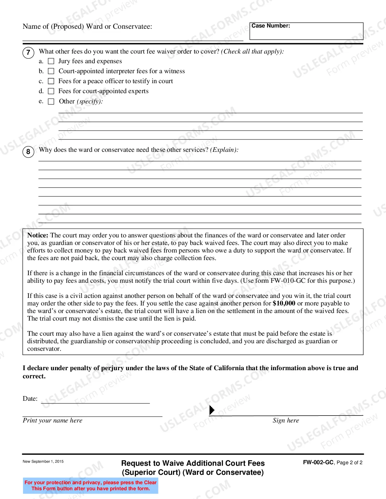 Preview Request ot Waive Additional Court Fees - Superior Court - Ward or Conservatee