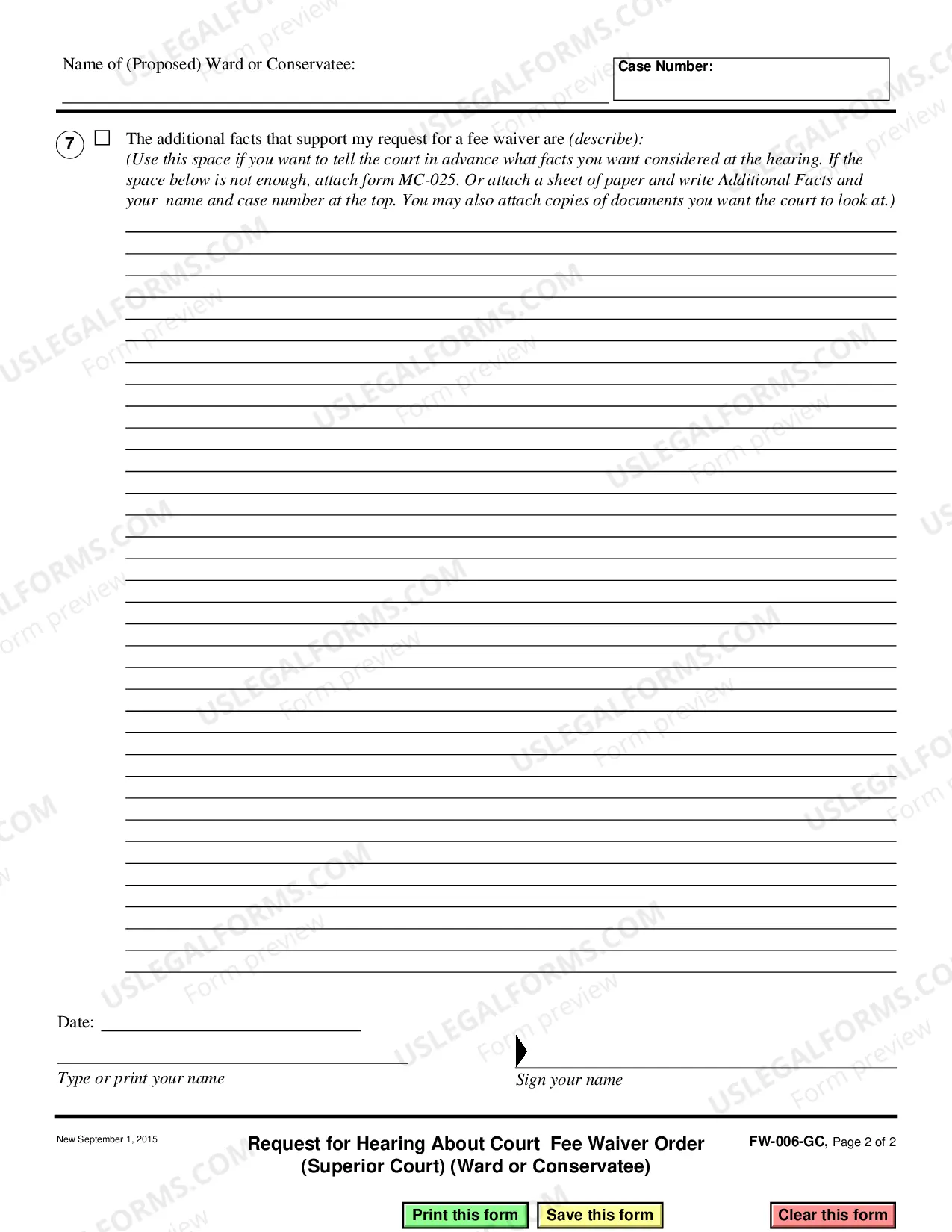 Preview Request for Hearing about Court Fee Waiver Order - Superior Court - Ward or Conservatee