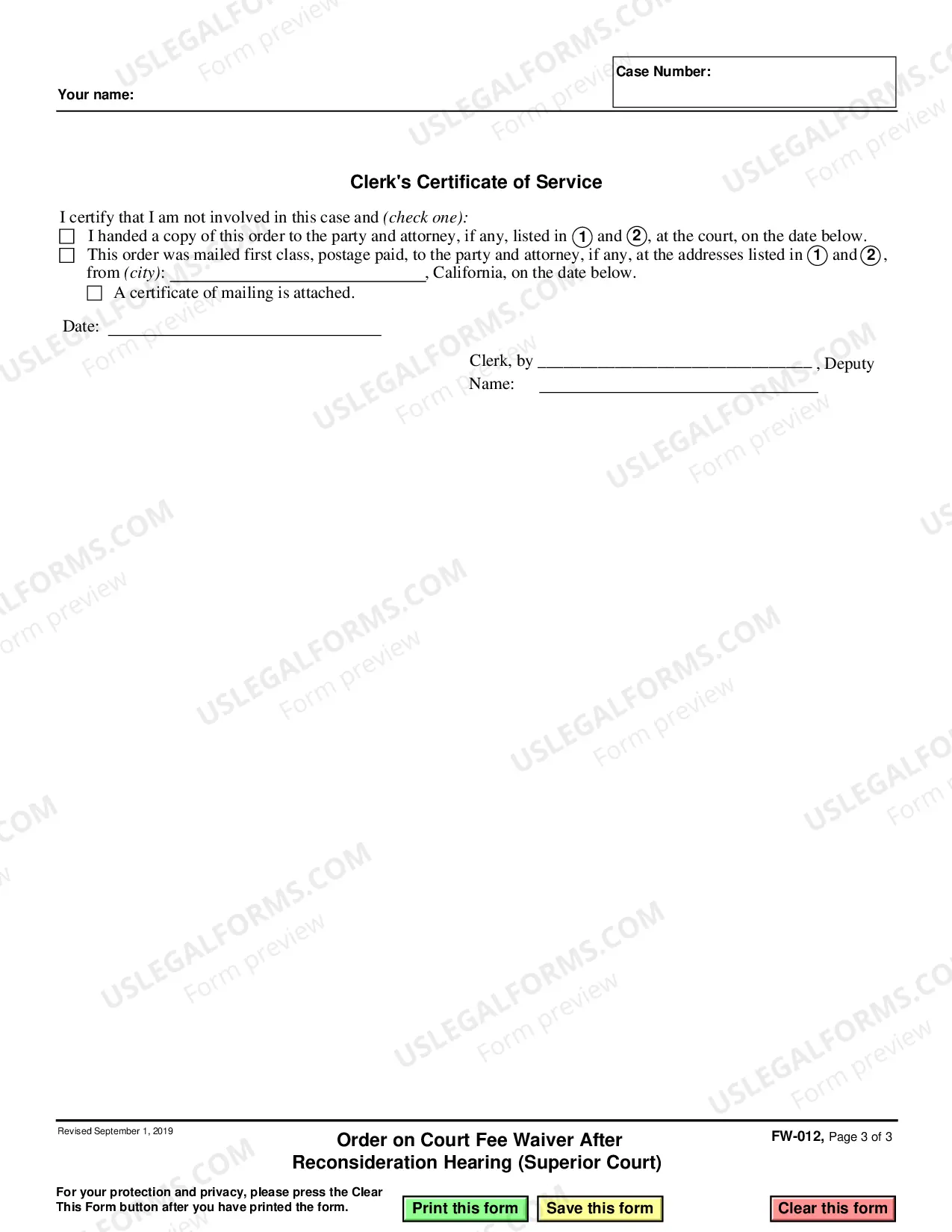 Preview Order on Court Fee Waiver After Reconsideration Hearing - Superior Court