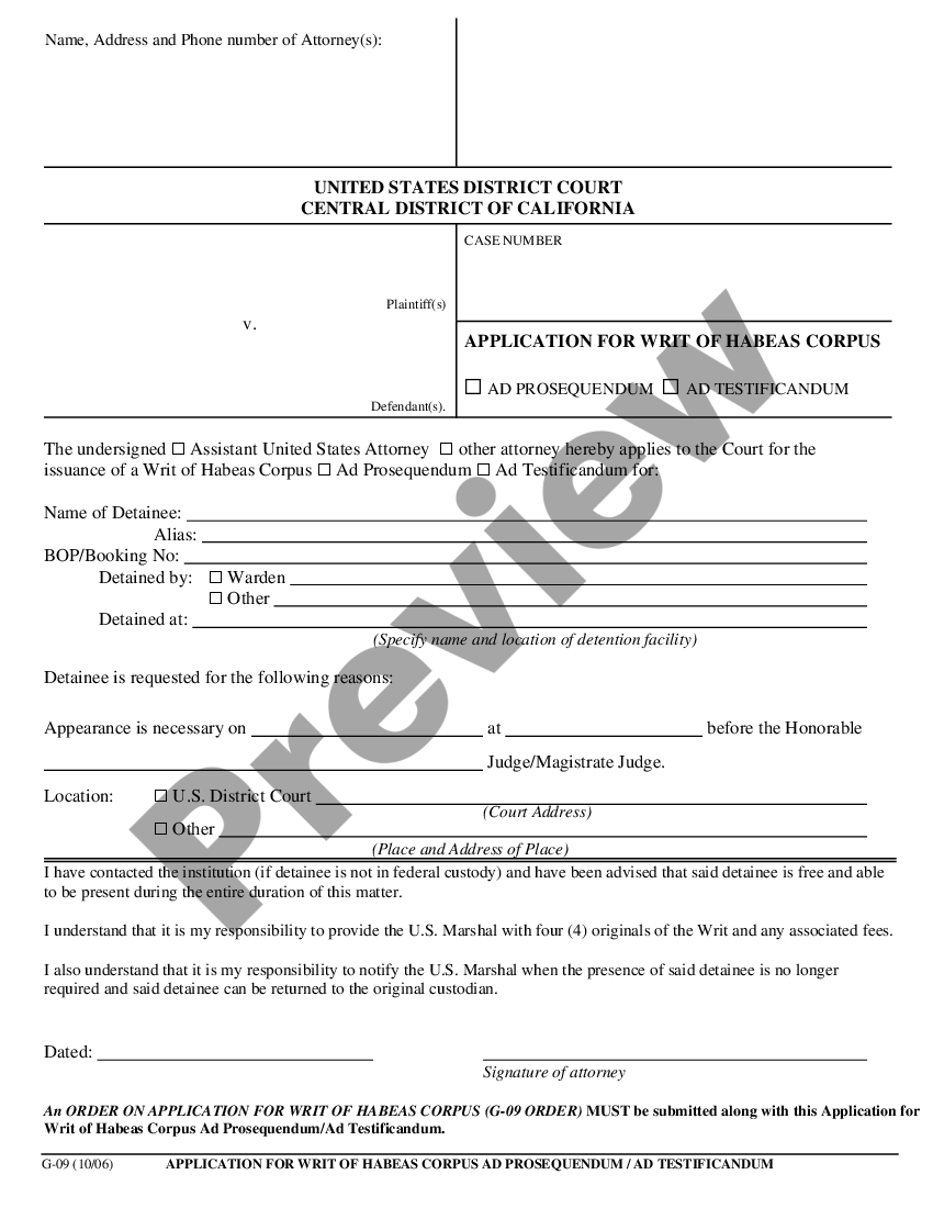 California Application for Writ of Habeas Corpus and Order | US Legal Forms