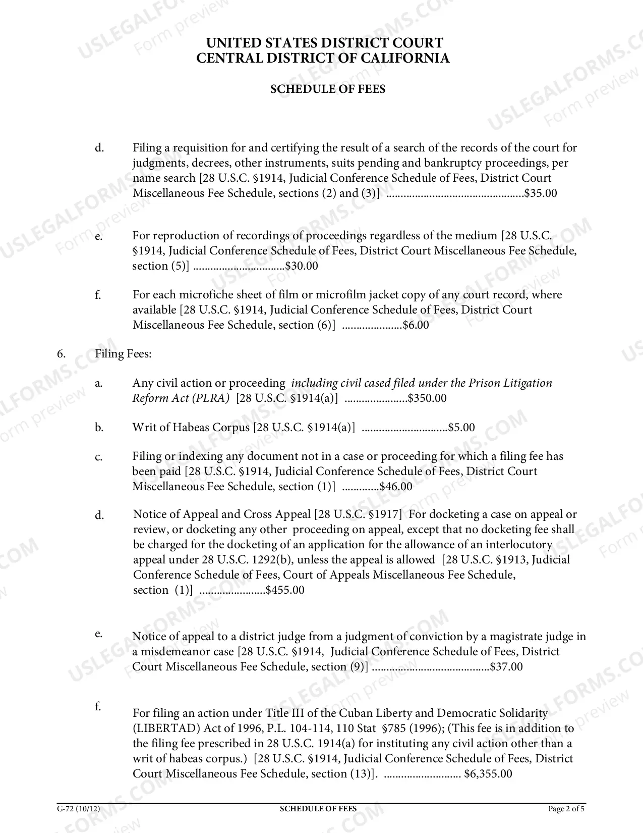 Preview Schedule of Fees