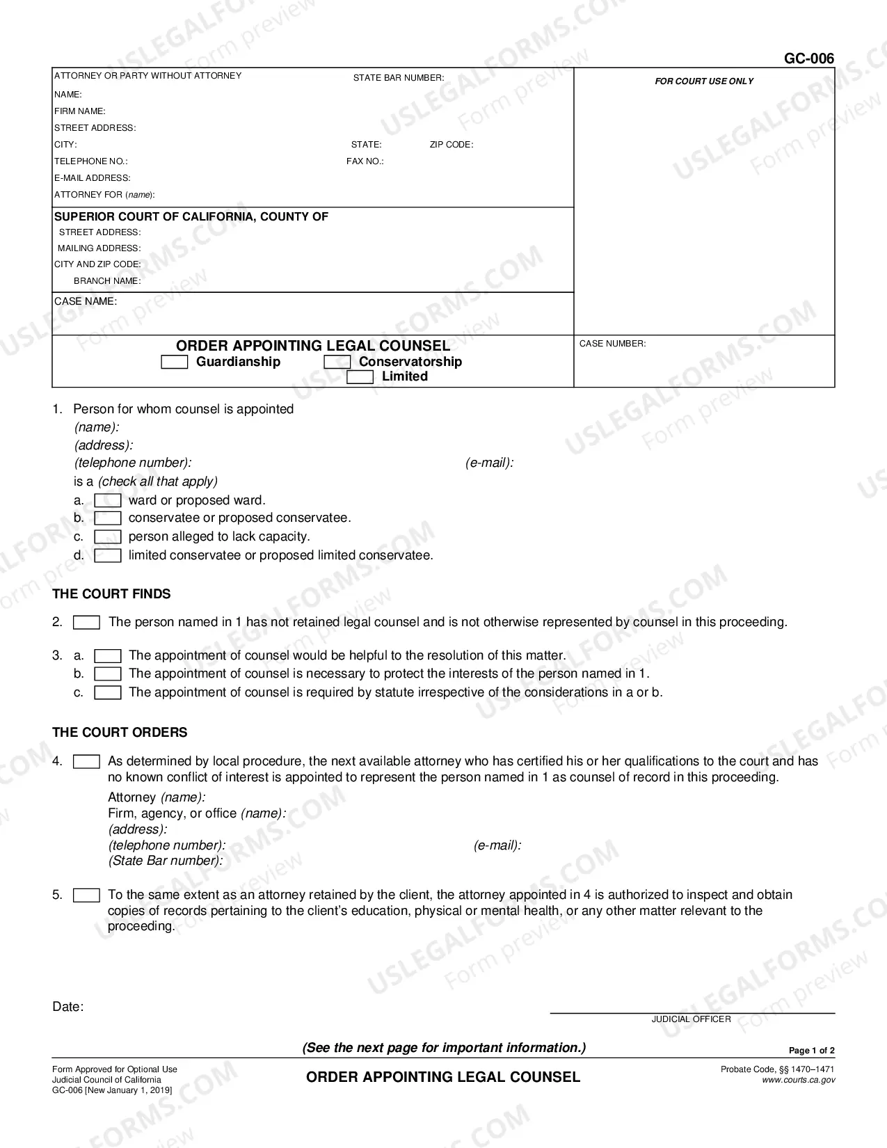 Preview Order Appointing Legal Counsel - Guardianship or Conservatorship