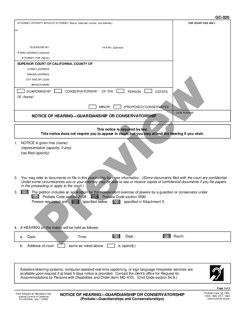 California Notice Of Hearing Notice Of Hearing Conservatorship Us Legal Forms 4046