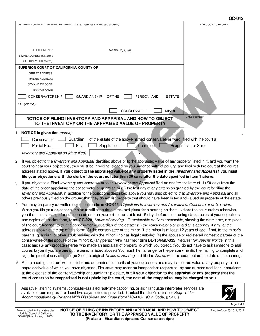 West Covina California Notice Of Filing Of Inventory And Appraisal And How To Object To The 1459