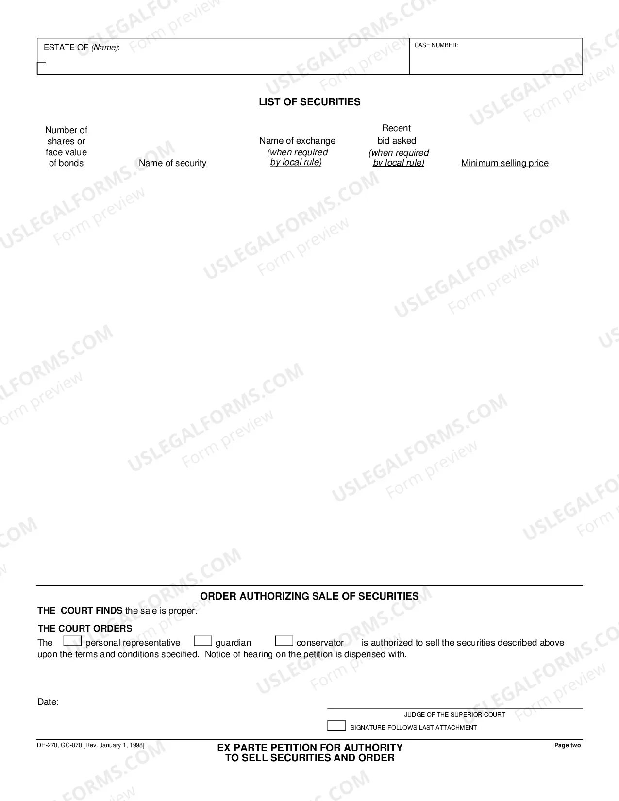 Preview Ex Parte Petition for Authority to Sell Securities and Order