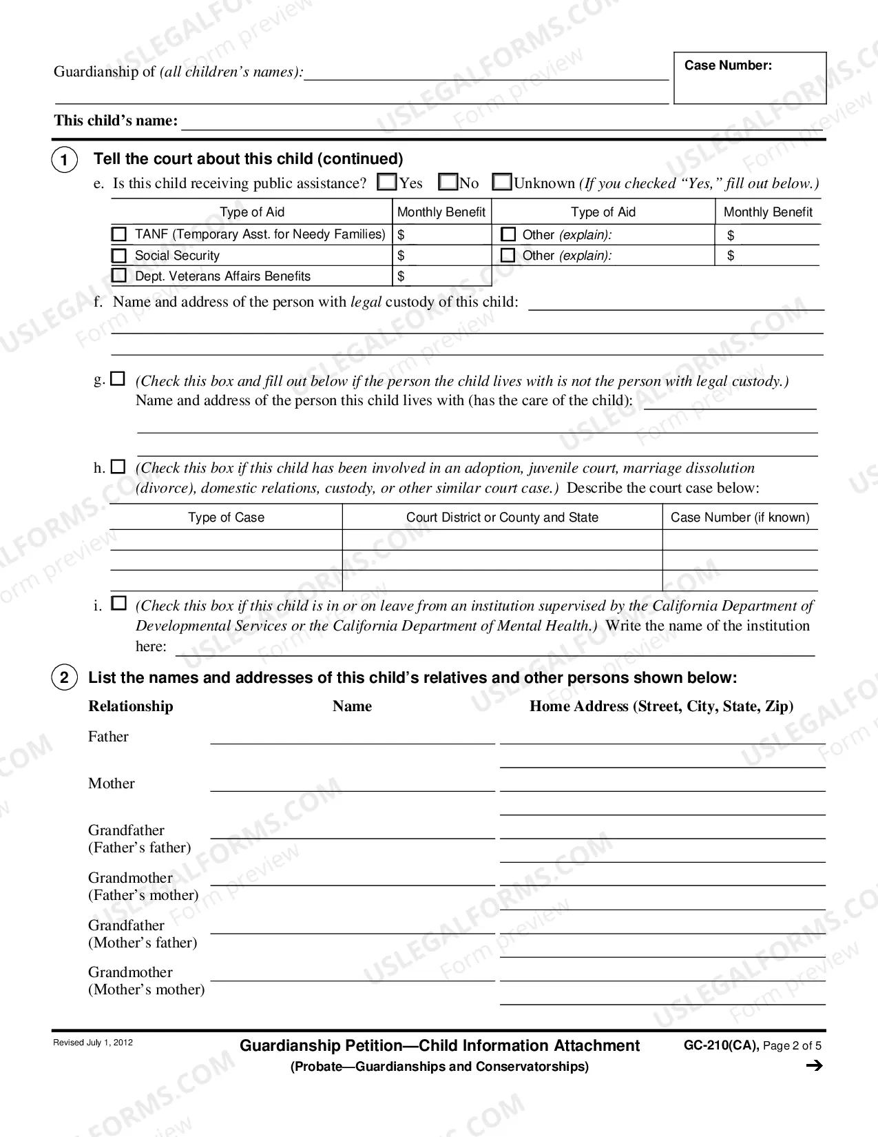 Preview Guardianship Petition - Child Information Attachment - Probate - Guardianships and Conservatorships