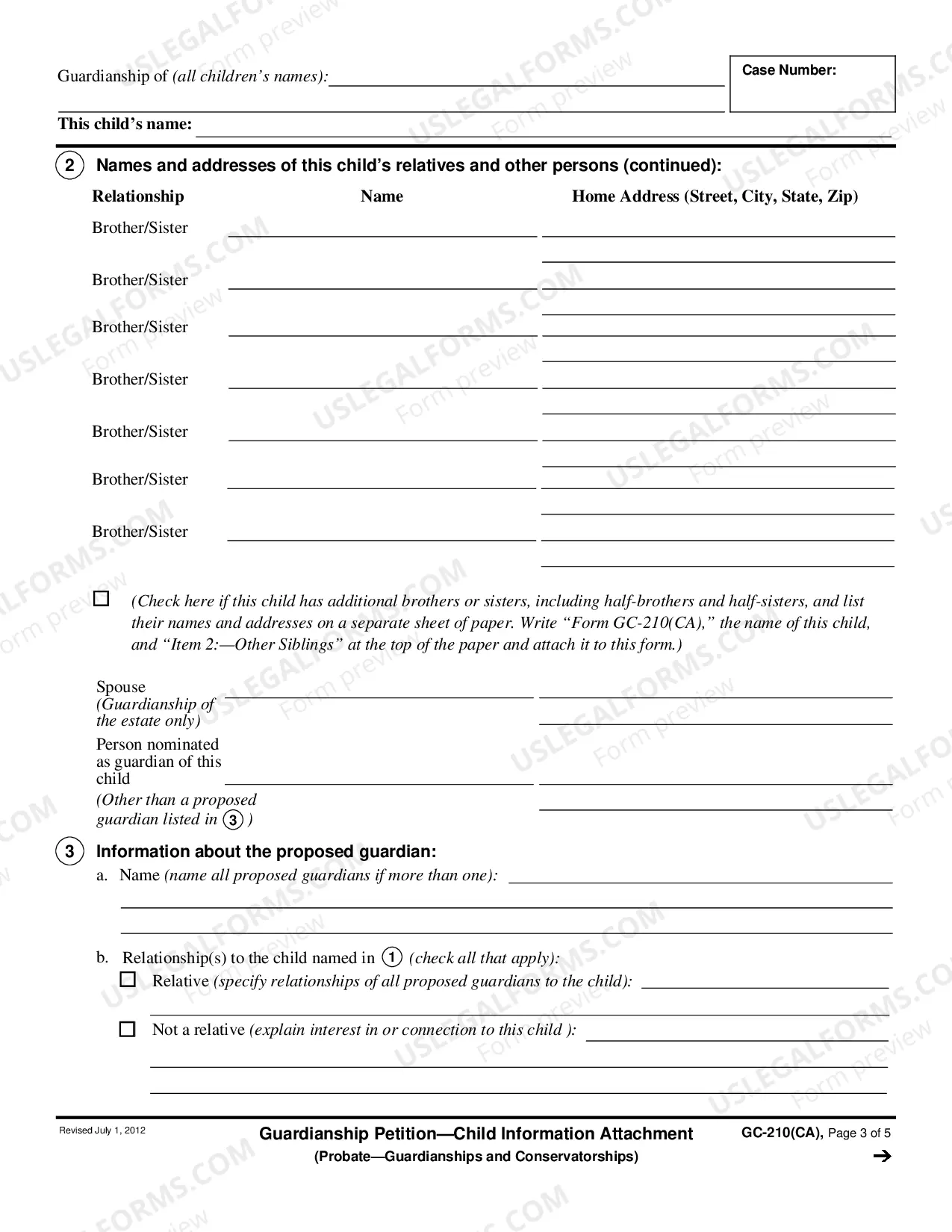 Preview Guardianship Petition - Child Information Attachment - Probate - Guardianships and Conservatorships