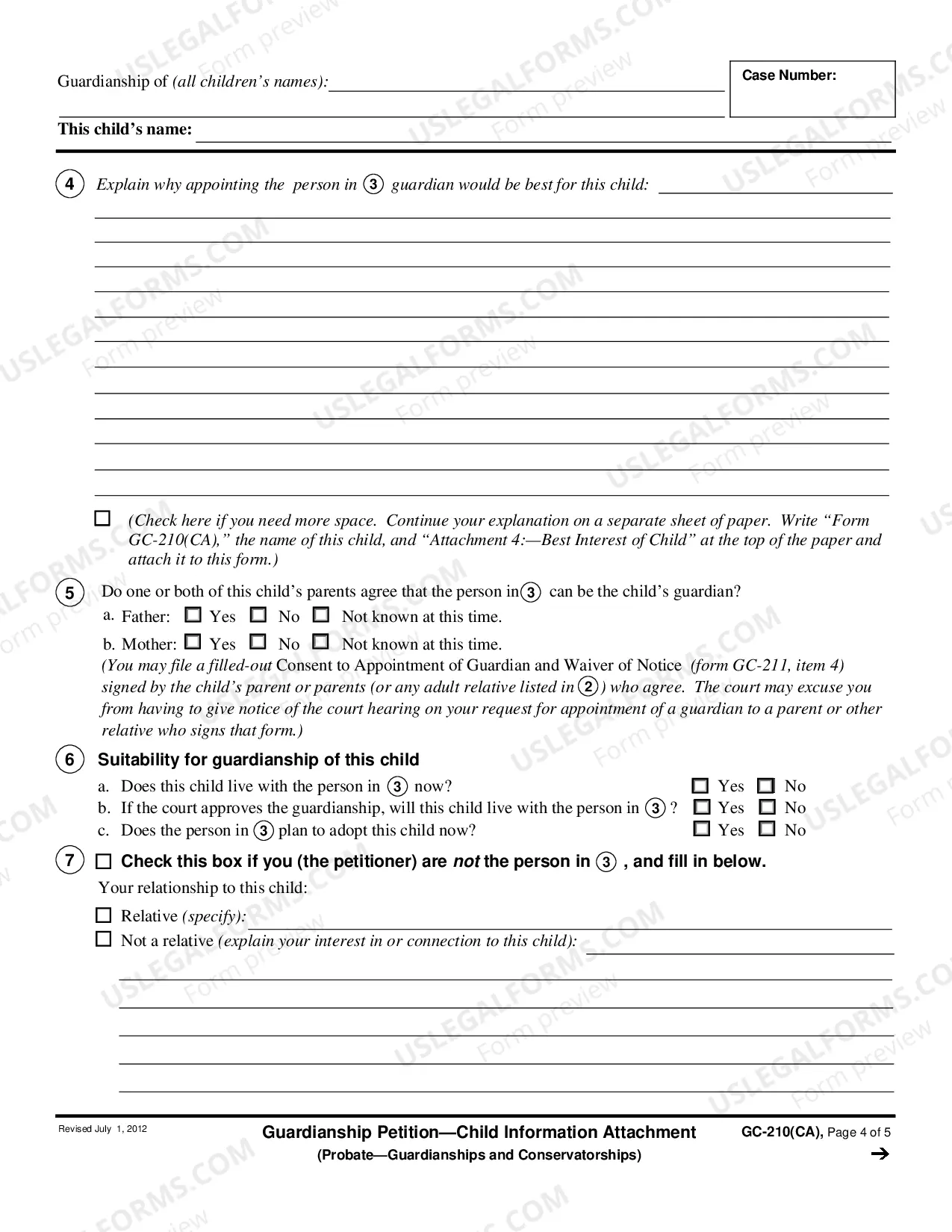 Preview Guardianship Petition - Child Information Attachment - Probate - Guardianships and Conservatorships