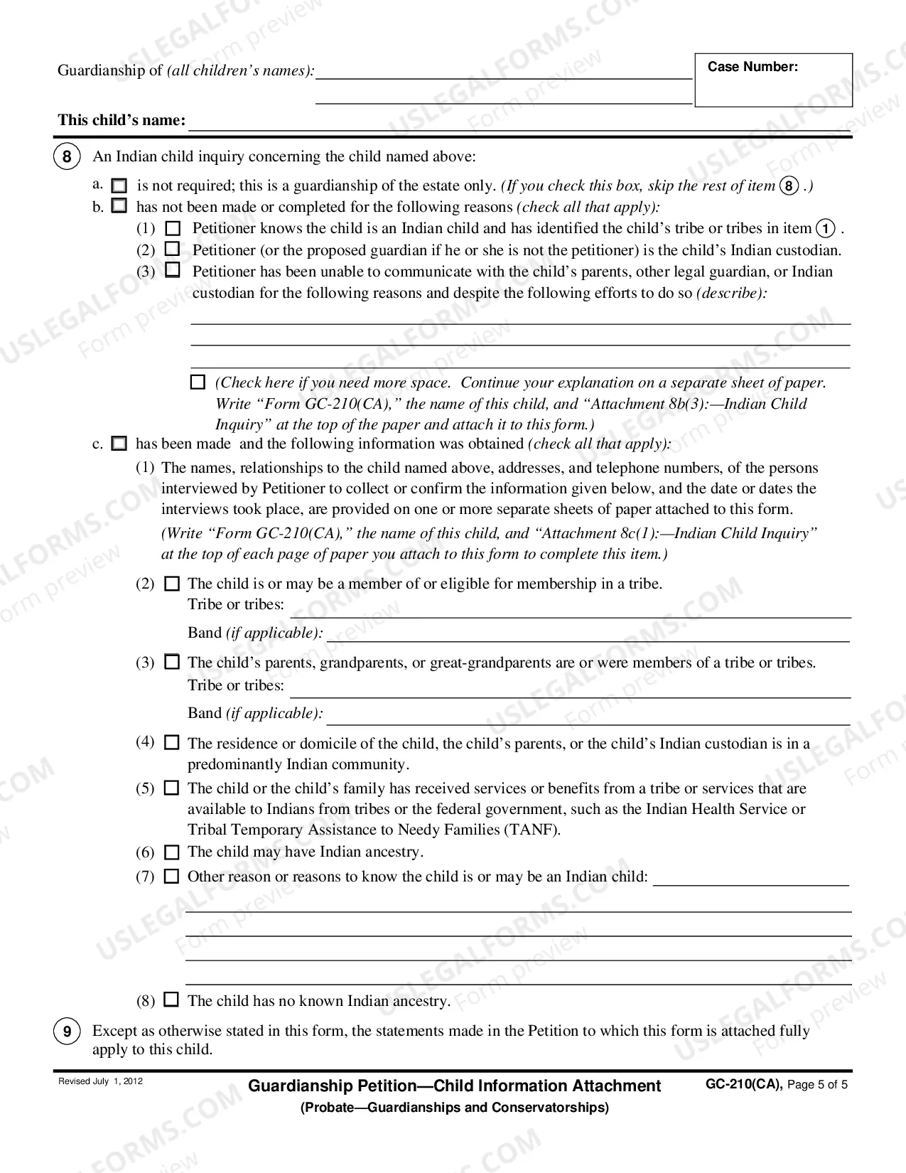 Preview Guardianship Petition - Child Information Attachment - Probate - Guardianships and Conservatorships