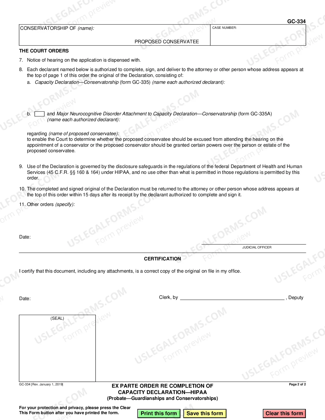 Preview Ex Parte Order Regarding the Completion of a Capacity Declaration - HIPAA