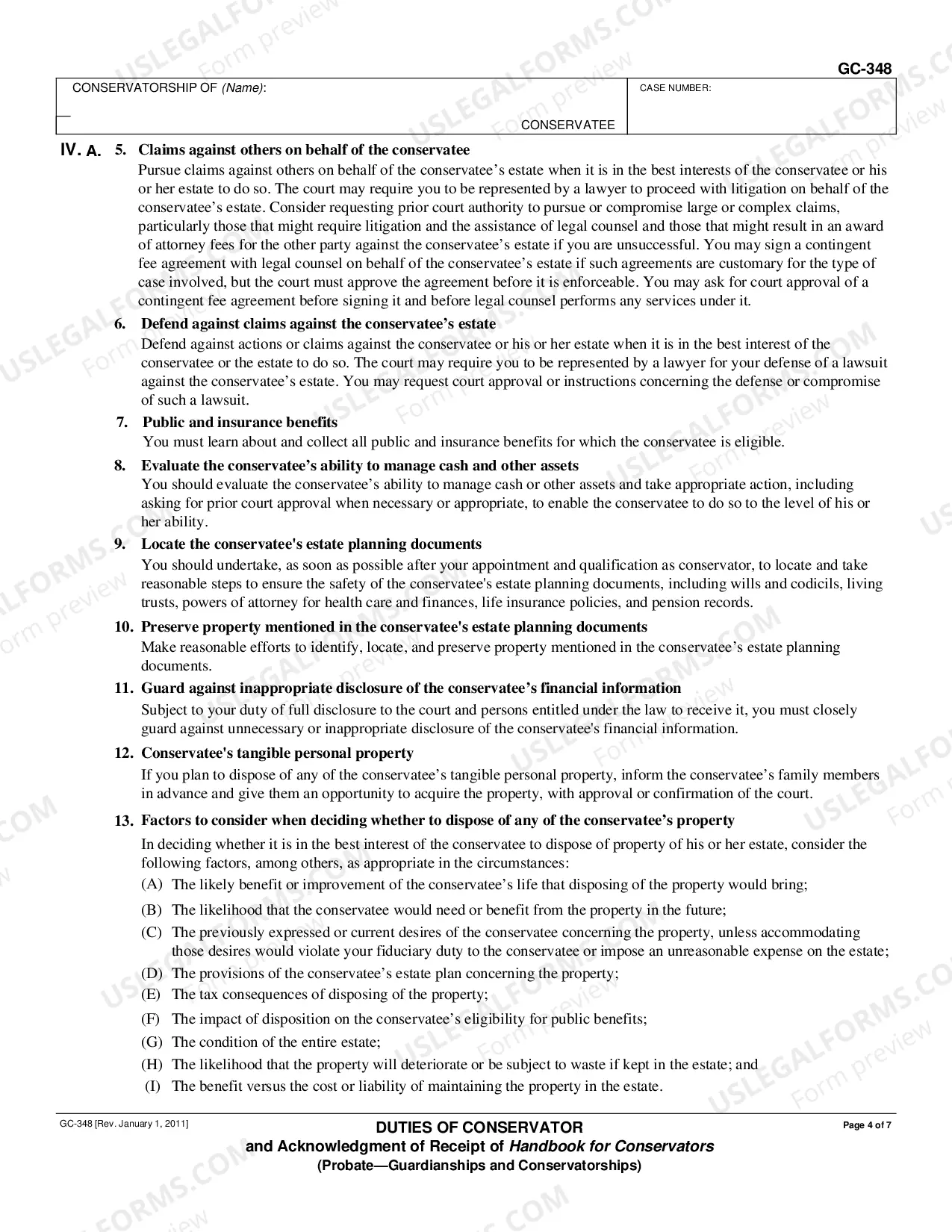 Preview Duties of Conservator and Acknowledgment of Receipt of Handbook