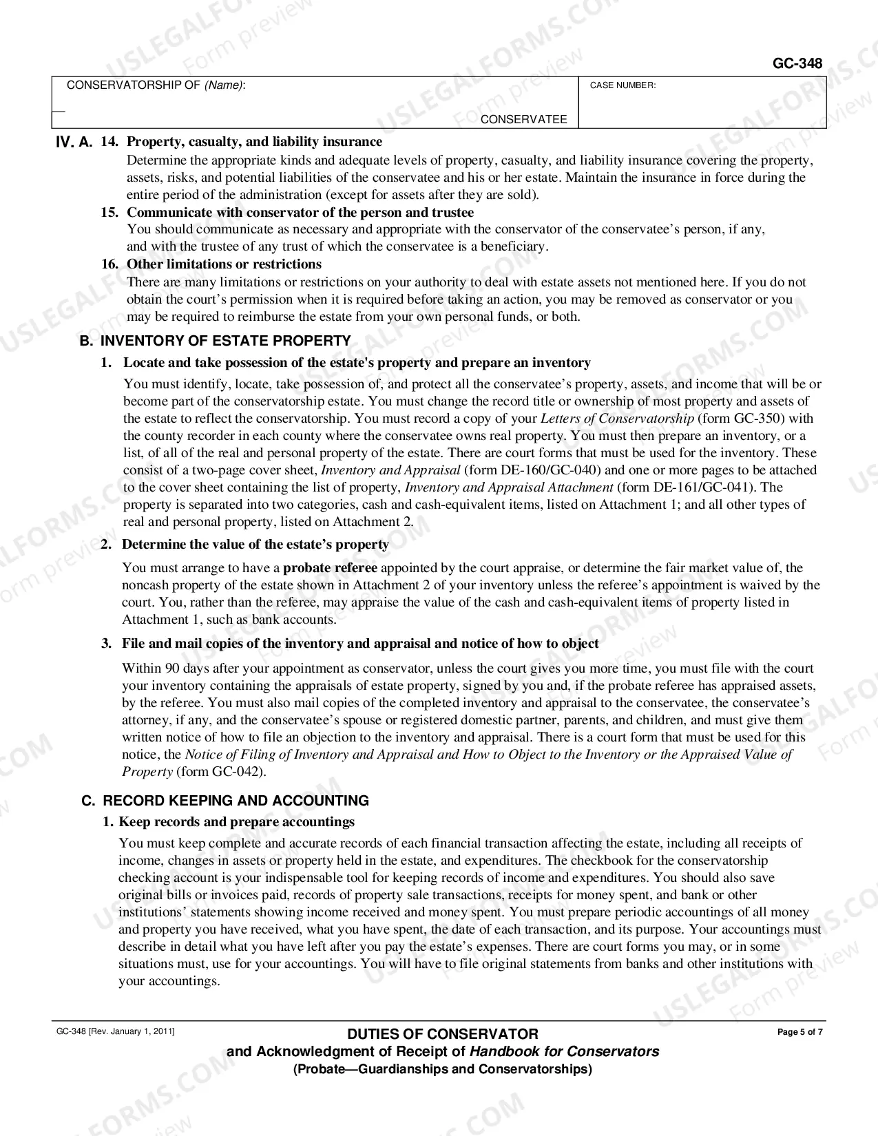 Preview Duties of Conservator and Acknowledgment of Receipt of Handbook
