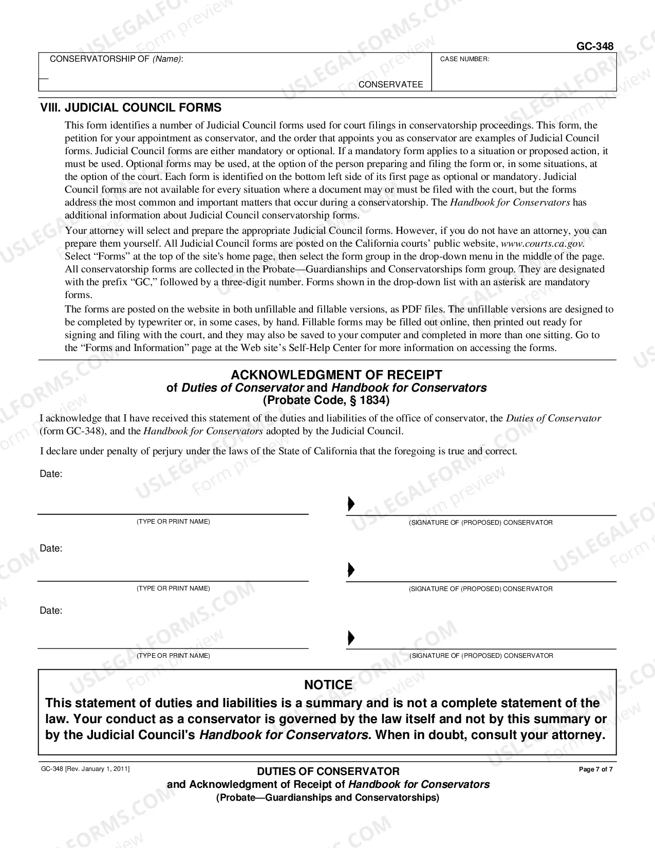 Preview Duties of Conservator and Acknowledgment of Receipt of Handbook