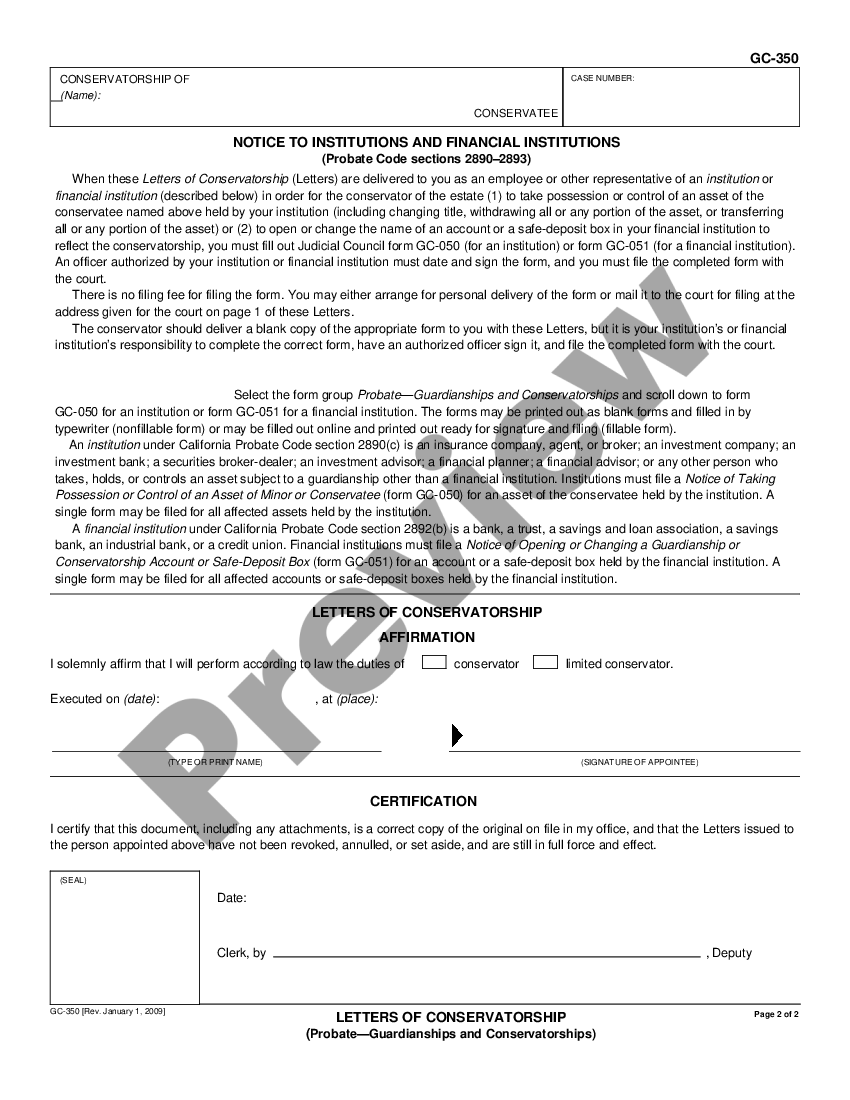 California Letters of Conservatorship Ca Conservatorship US Legal Forms