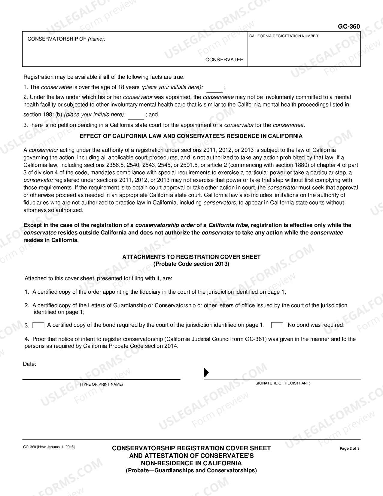 Preview Conservatorship Registration Cover Sheet and Attestation of Conservatee's Non Residence in California
