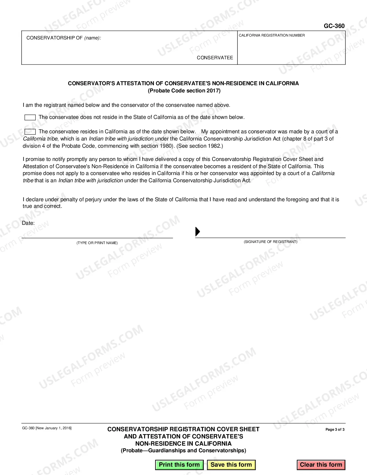 Preview Conservatorship Registration Cover Sheet and Attestation of Conservatee's Non Residence in California
