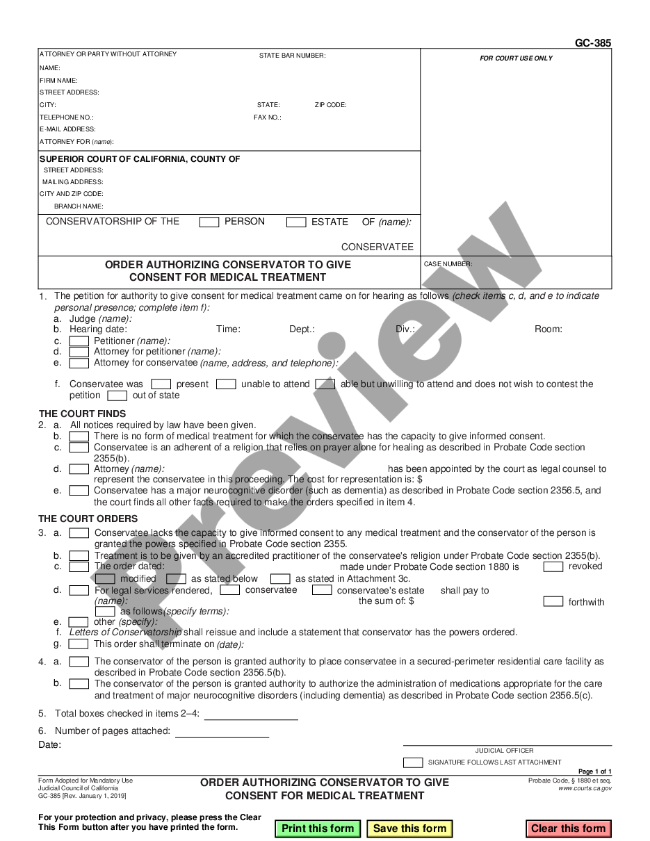 form Order Authorizing Conservator to Give Consent for Medical Treatment preview