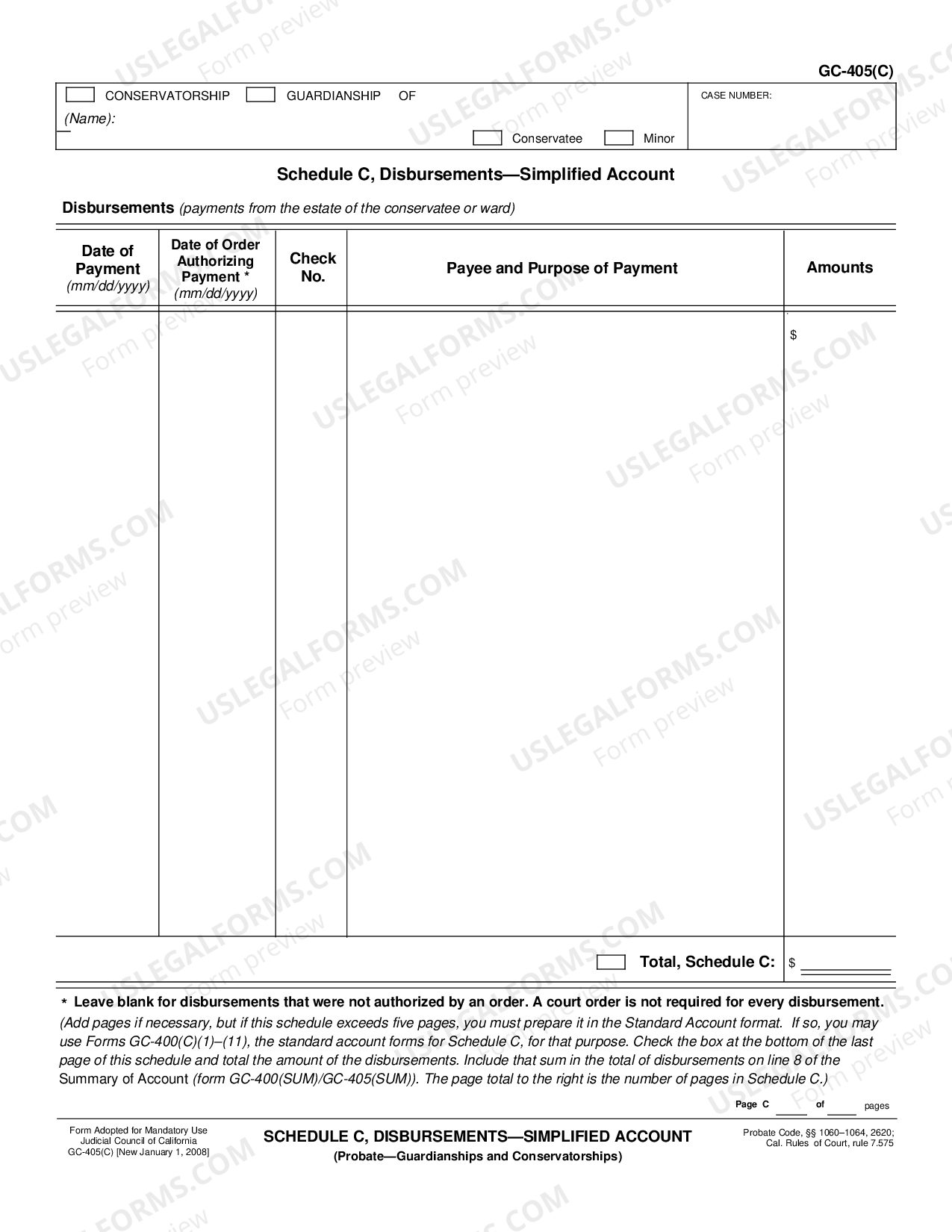 Los Angeles California Schedule C, Disbursements, Simplified Account