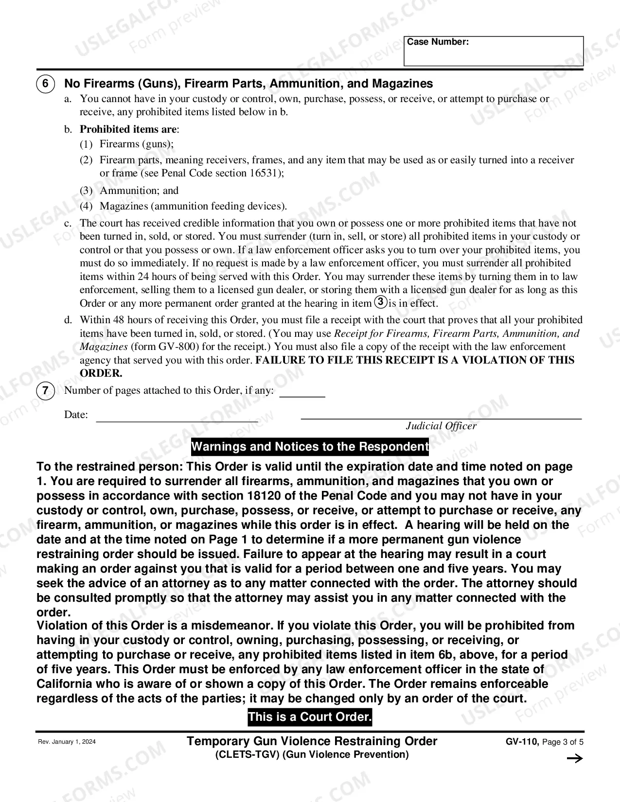 Preview Temporary Gun Violence Restraining Order - CLETS-TGV