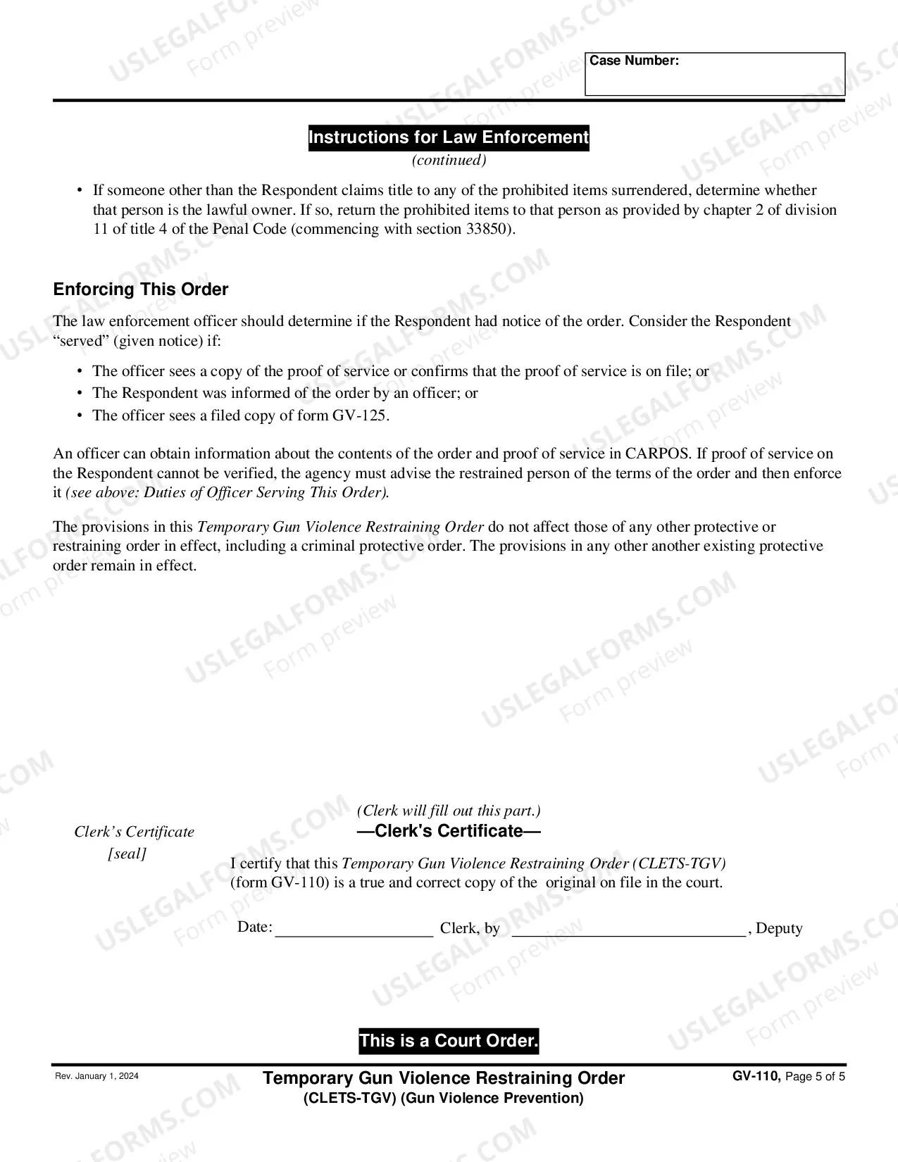 Preview Temporary Gun Violence Restraining Order - CLETS-TGV