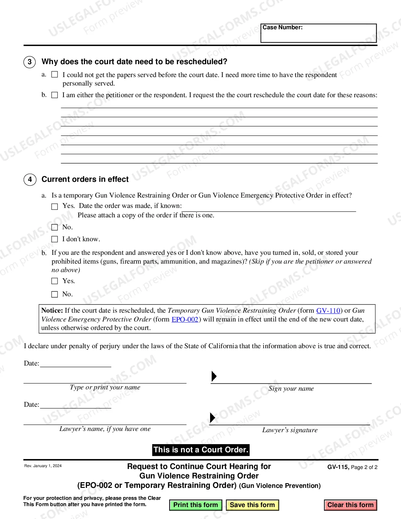 Preview Request to Continue Court Hearing for Gun Violence Restraining Order - EPO-002 or Temporary Restraining Order - Gun Violence Prevention