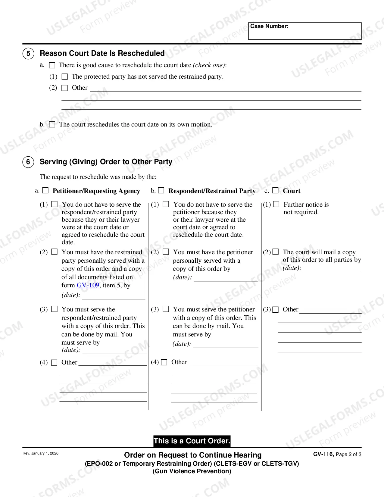 Preview Order on Request to Continue Hearing - EPO-002 or Temporary Restraining Order - CLETS-EGV or CLETS-TGV - Gun Violence Prevention