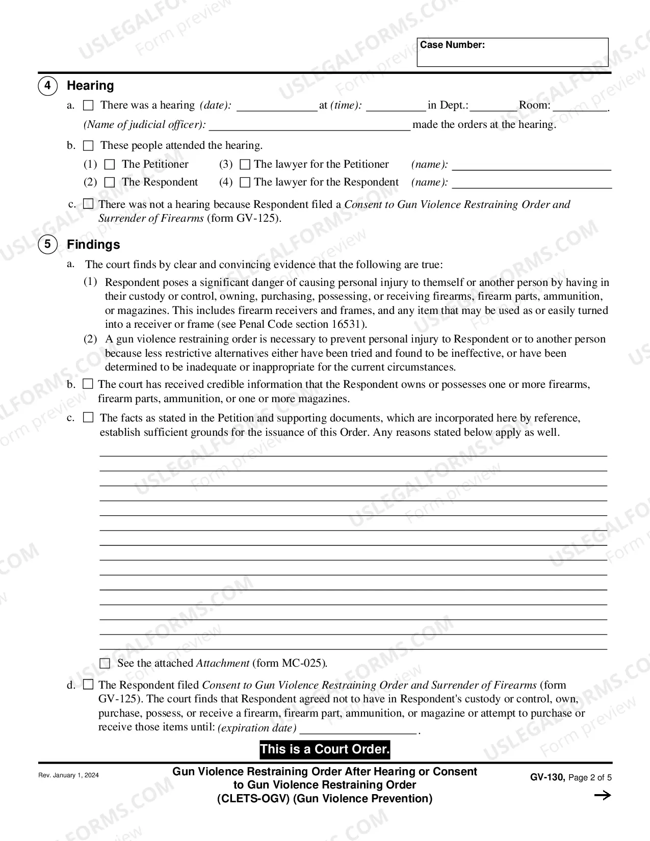 Preview Gun Violence Restraining Order After Hearing or Consent to Gun Violence Restraining Order - CLETS-OGV