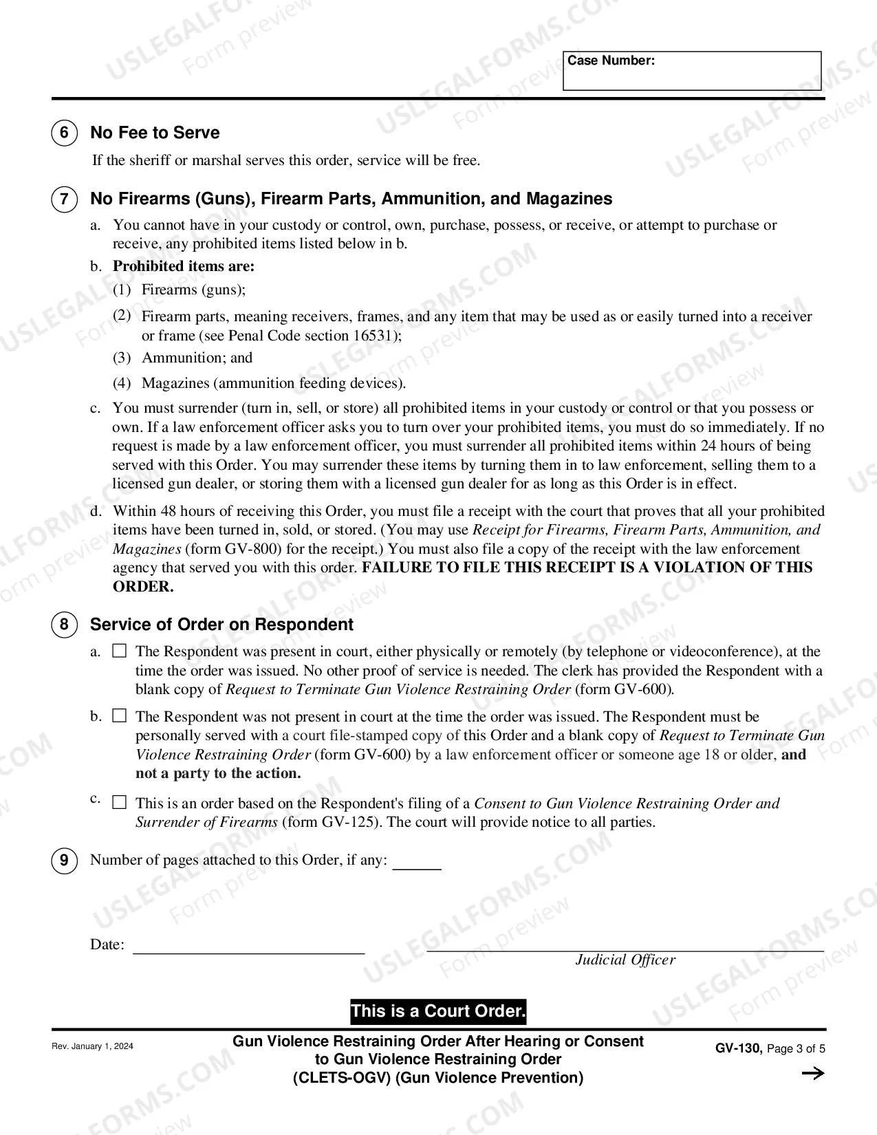 Preview Gun Violence Restraining Order After Hearing or Consent to Gun Violence Restraining Order - CLETS-OGV