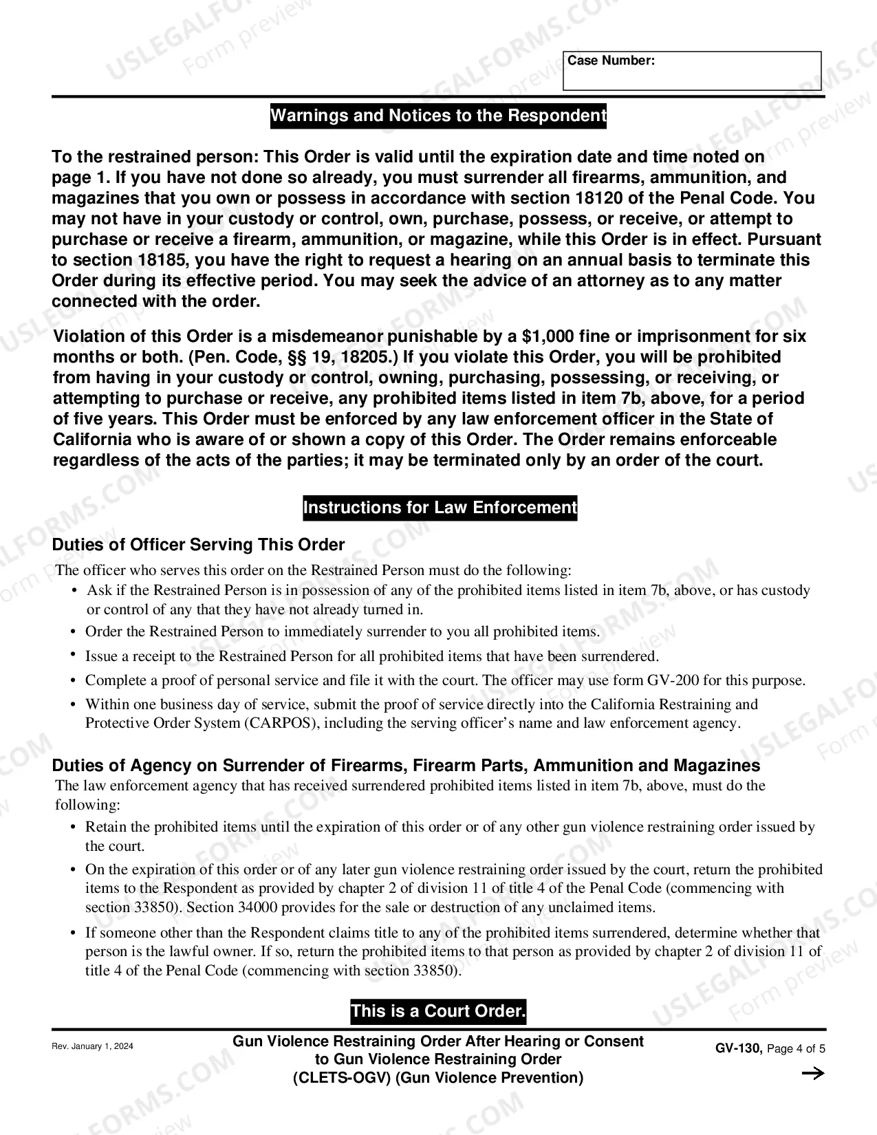 Preview Gun Violence Restraining Order After Hearing or Consent to Gun Violence Restraining Order - CLETS-OGV