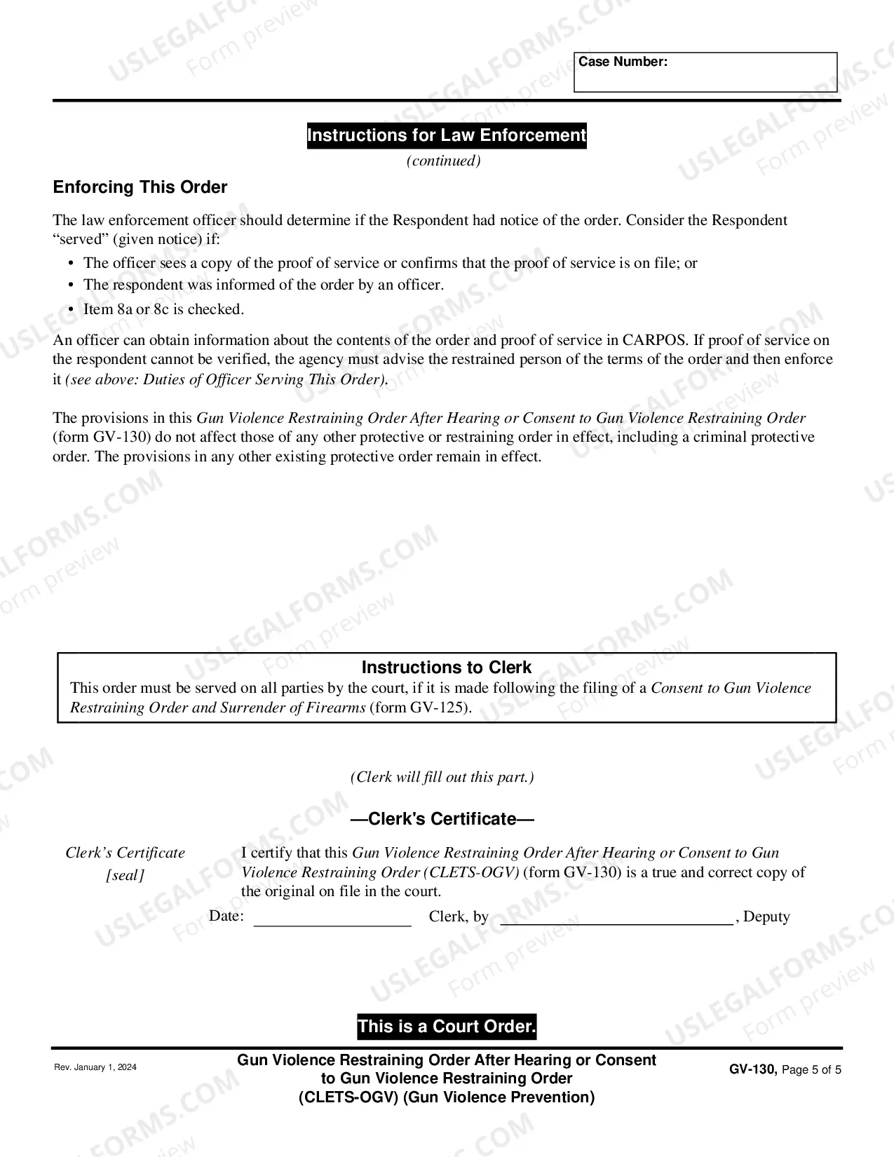 Preview Gun Violence Restraining Order After Hearing or Consent to Gun Violence Restraining Order - CLETS-OGV