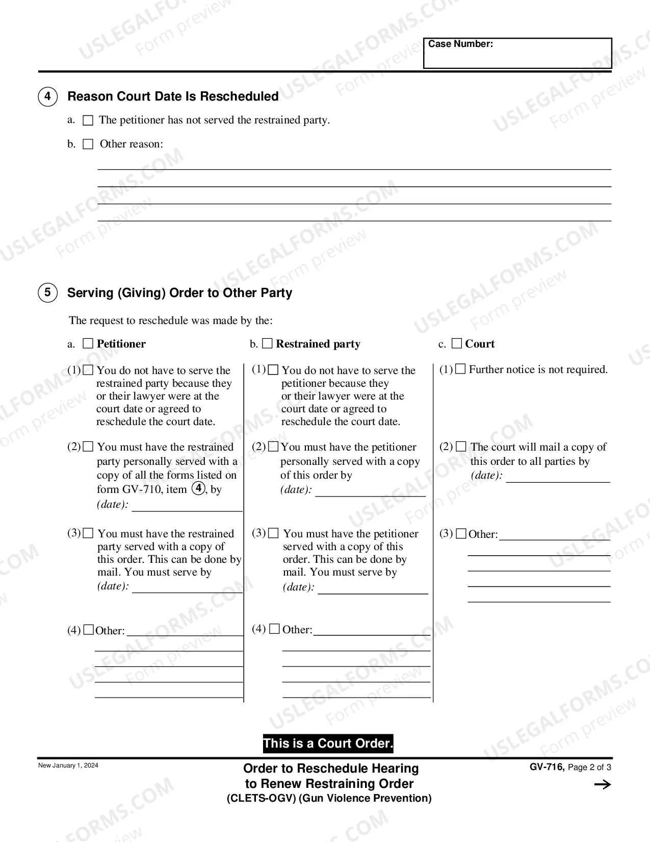 Preview Order to Reschedule Hearing to Renew Restraining Order - CLETS-OGV