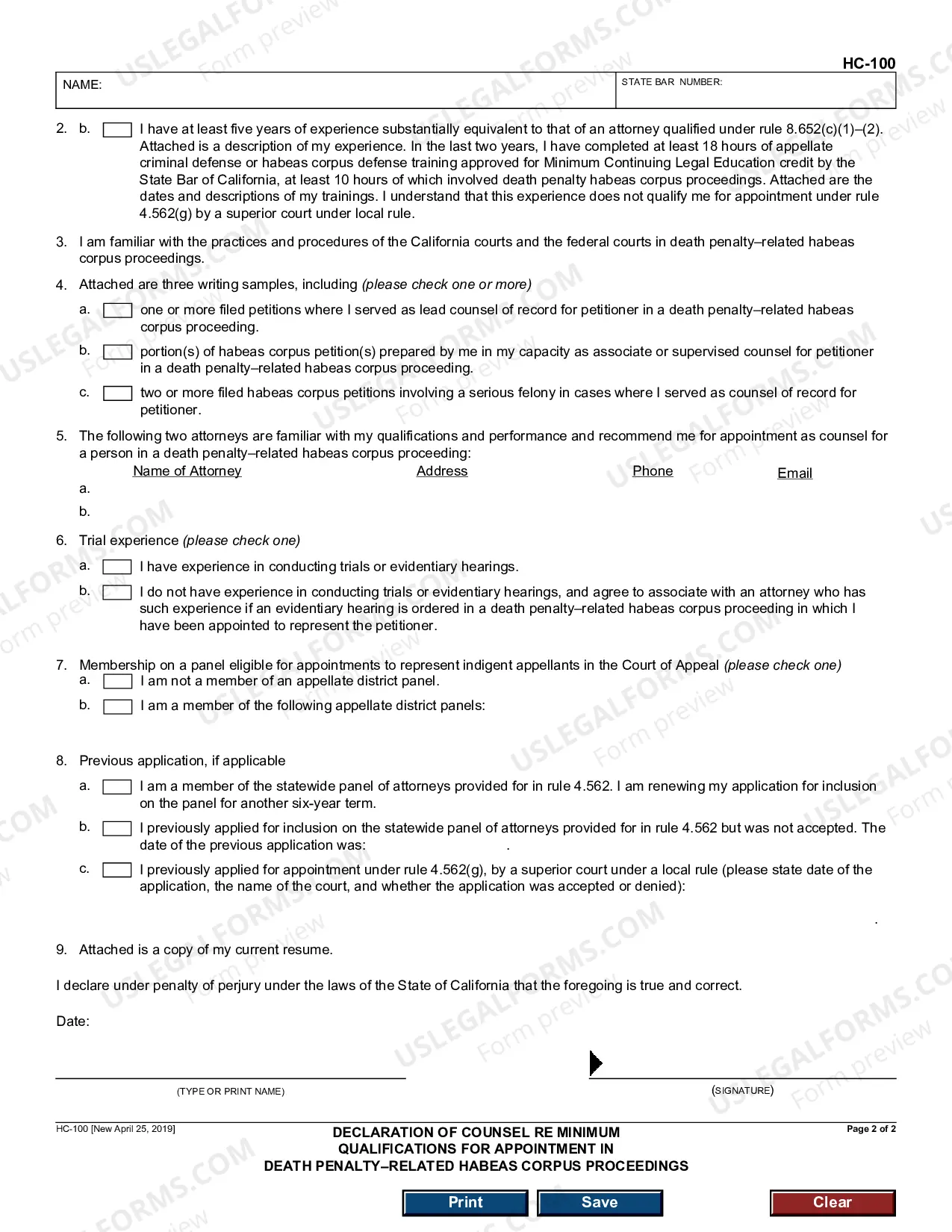 Preview Declaration of Counsel Re Minimum Qualifications for Appointment in Death Penalty - Related Habeas Corpus Proceedings