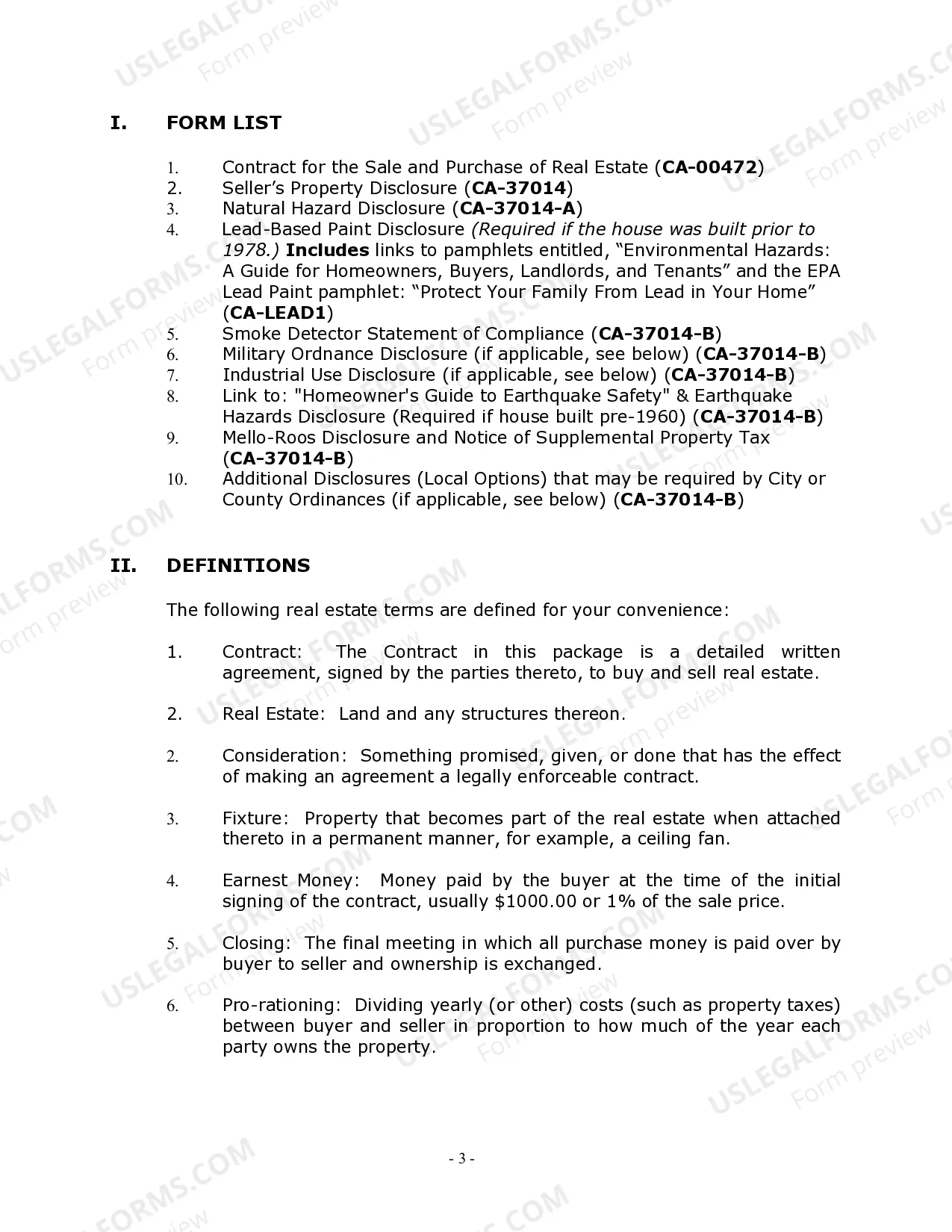 Preview California Real Estate Home Sales Package with Contract of Sale, Disclosure Statements and more for Residential House