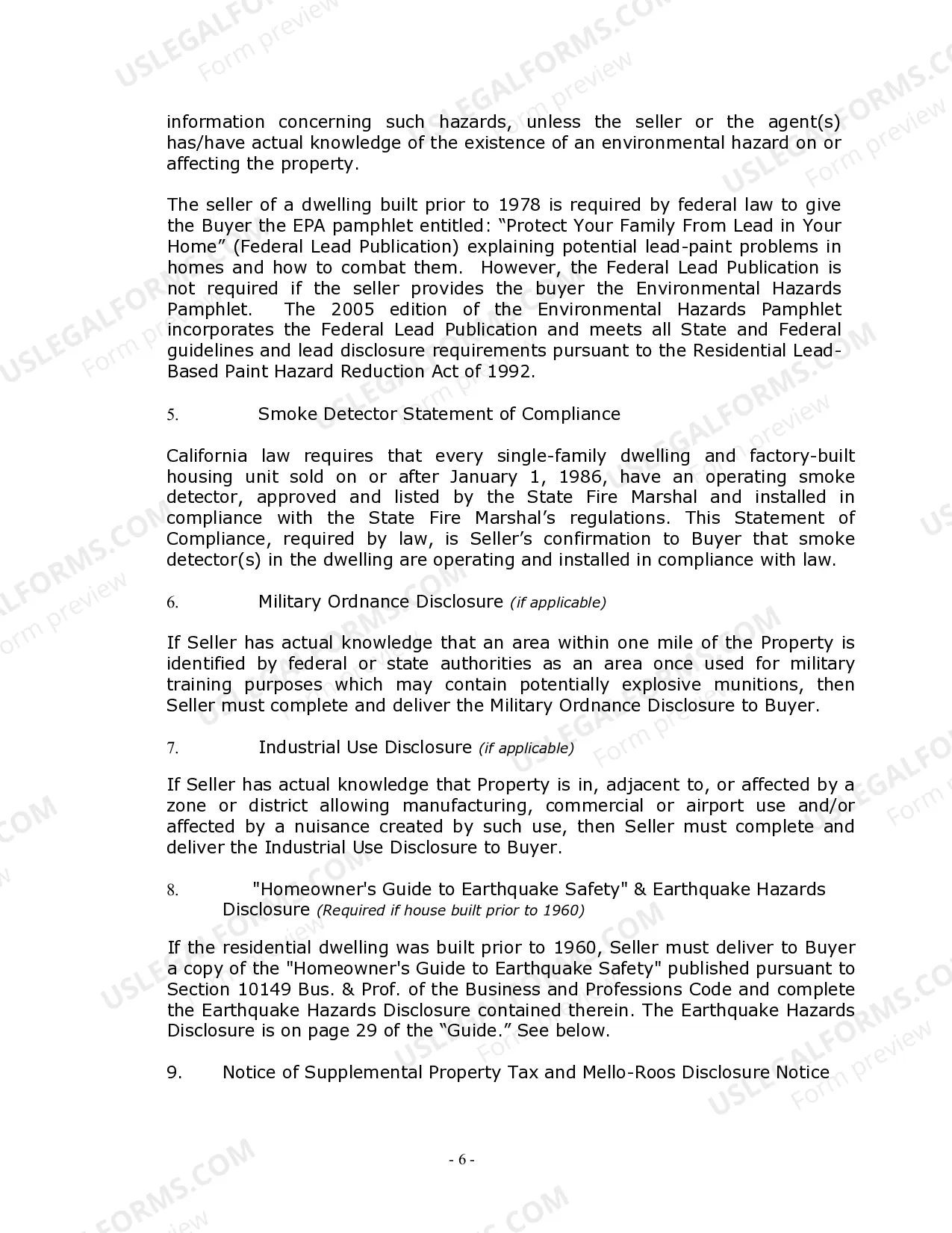 Preview California Real Estate Home Sales Package with Contract of Sale, Disclosure Statements and more for Residential House