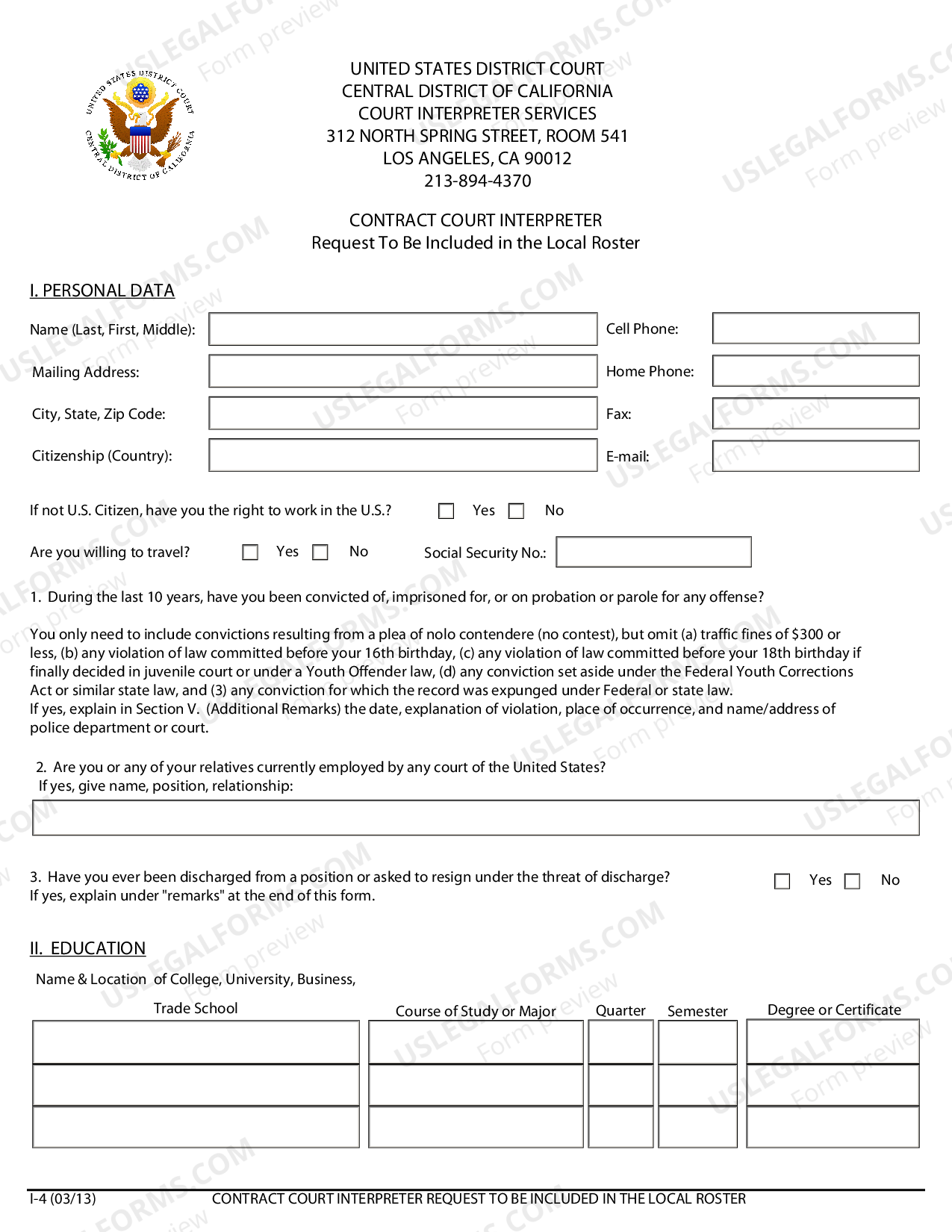 California Contract Interpreter Work or Employment Application US