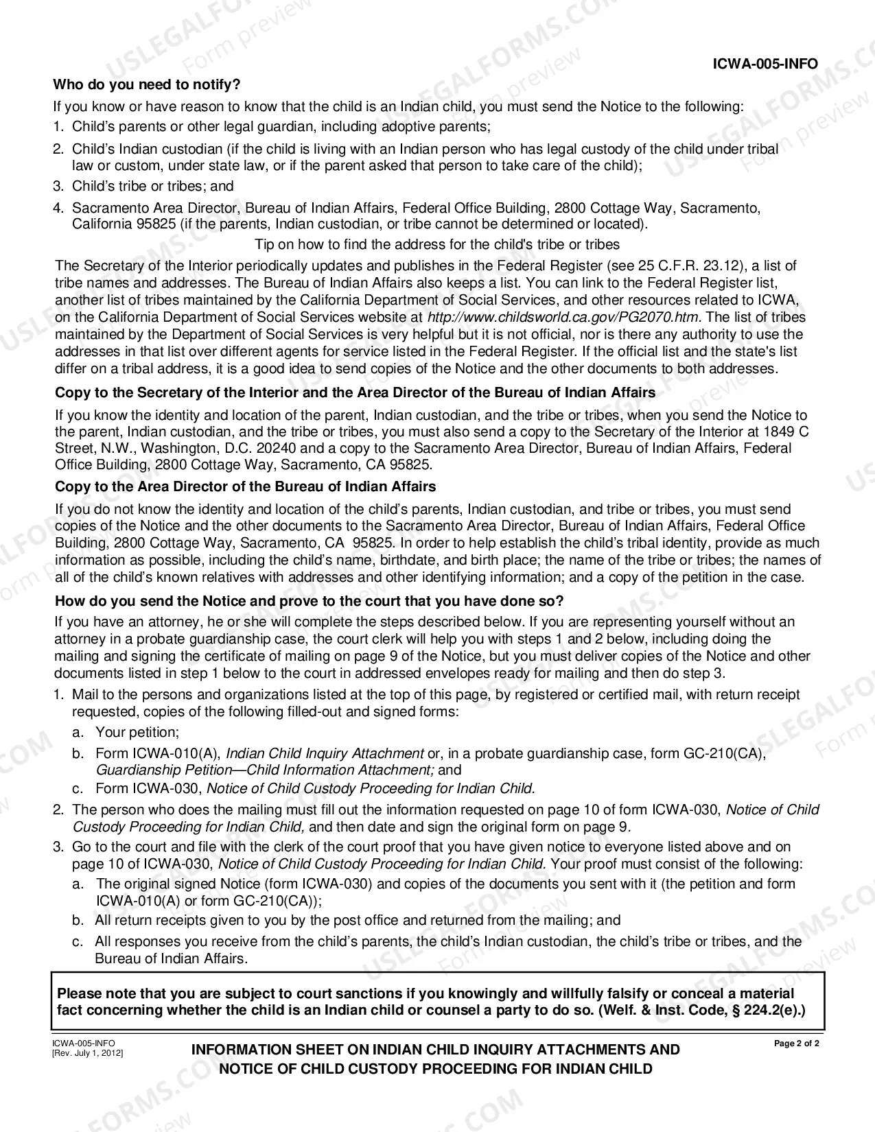 Preview Information Sheet on Indian Child Inquiry Attachments and Notice of Child Custody Proceeding for Indian Child