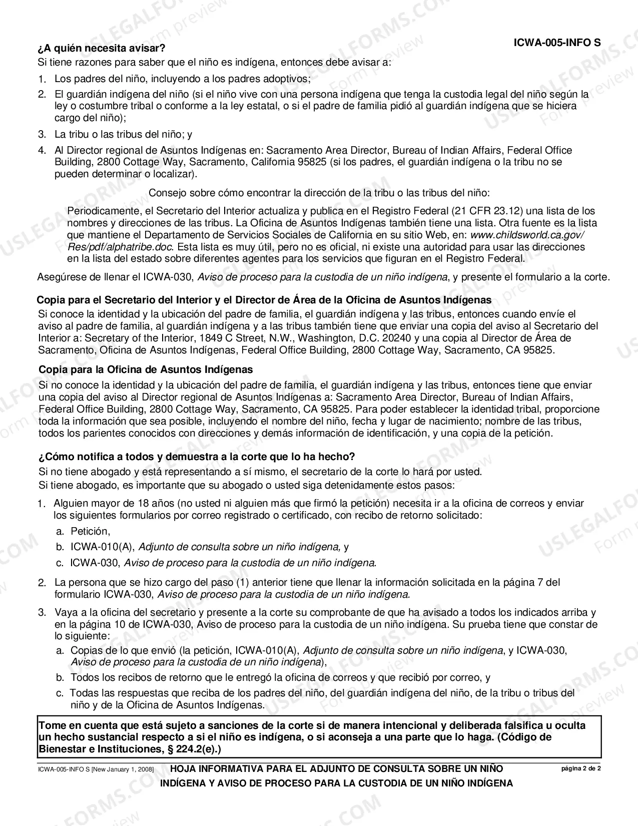 Preview Information Sheet on Indian Child Inquiry Attachment and Notice of Child Custody Proceeding for Indian Child (Spanish)