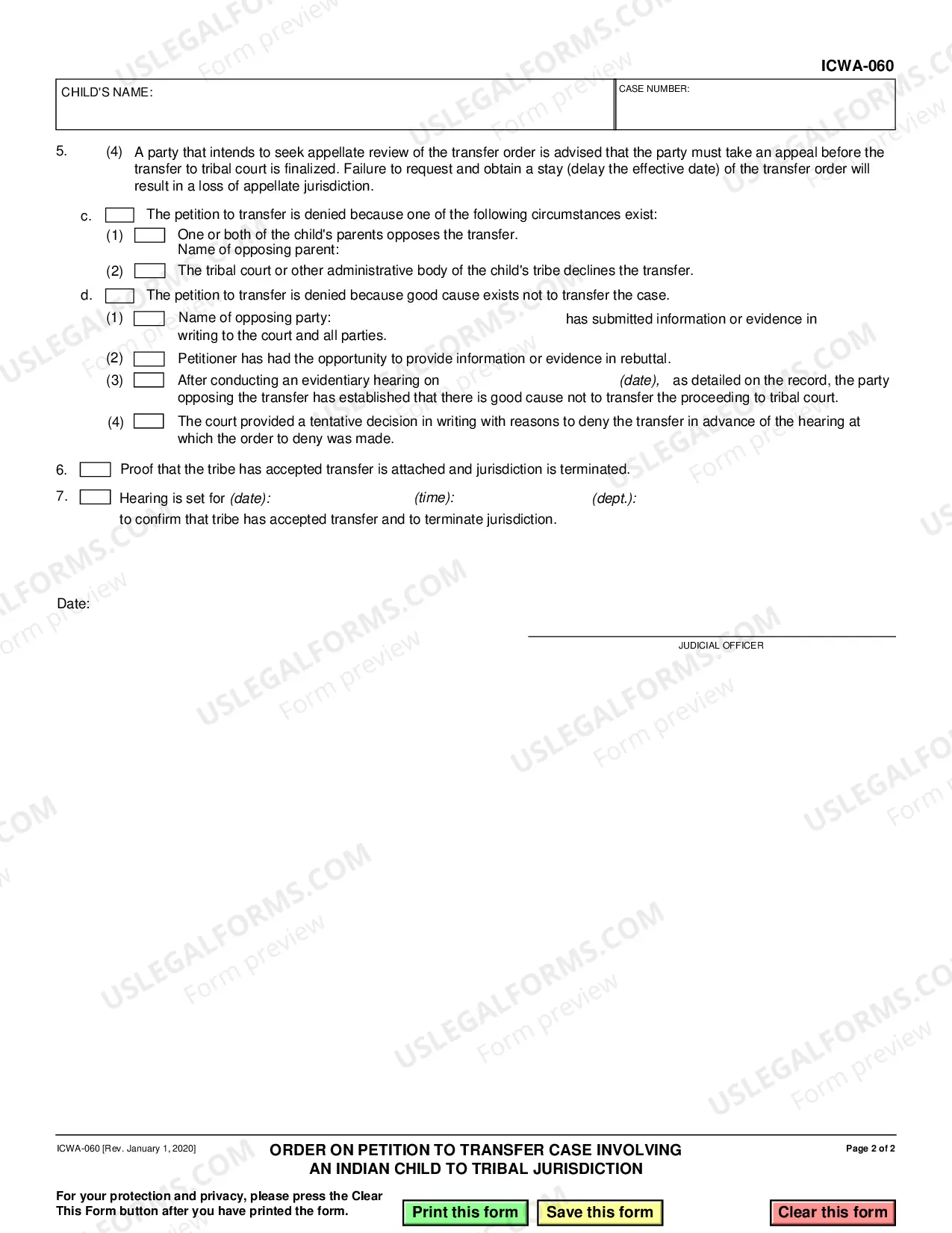 Preview Order on Petition to Transfer a Case Involving an Indian Child to Tribal Jurisdiction