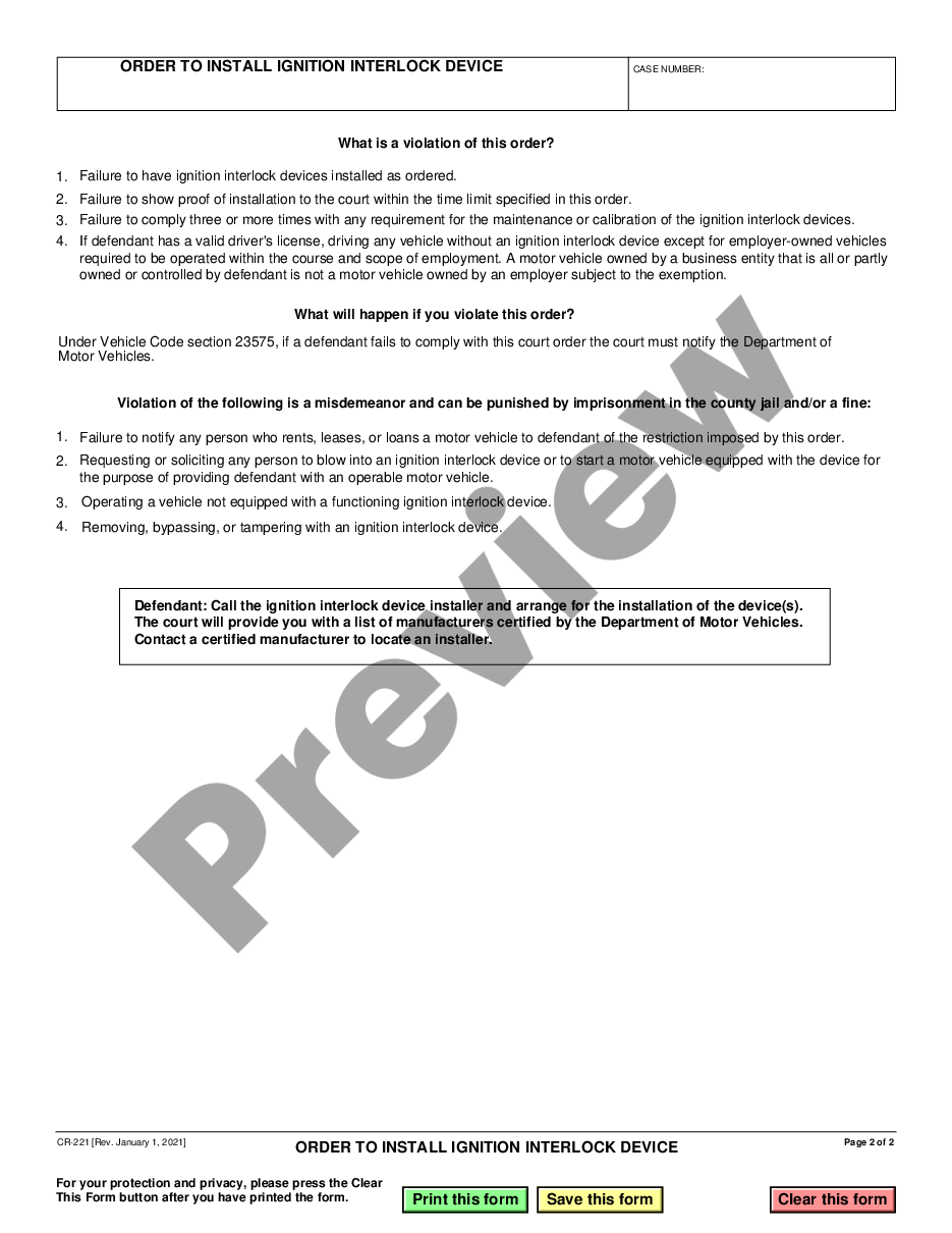 form Order to Install Ignition Interlock Device preview