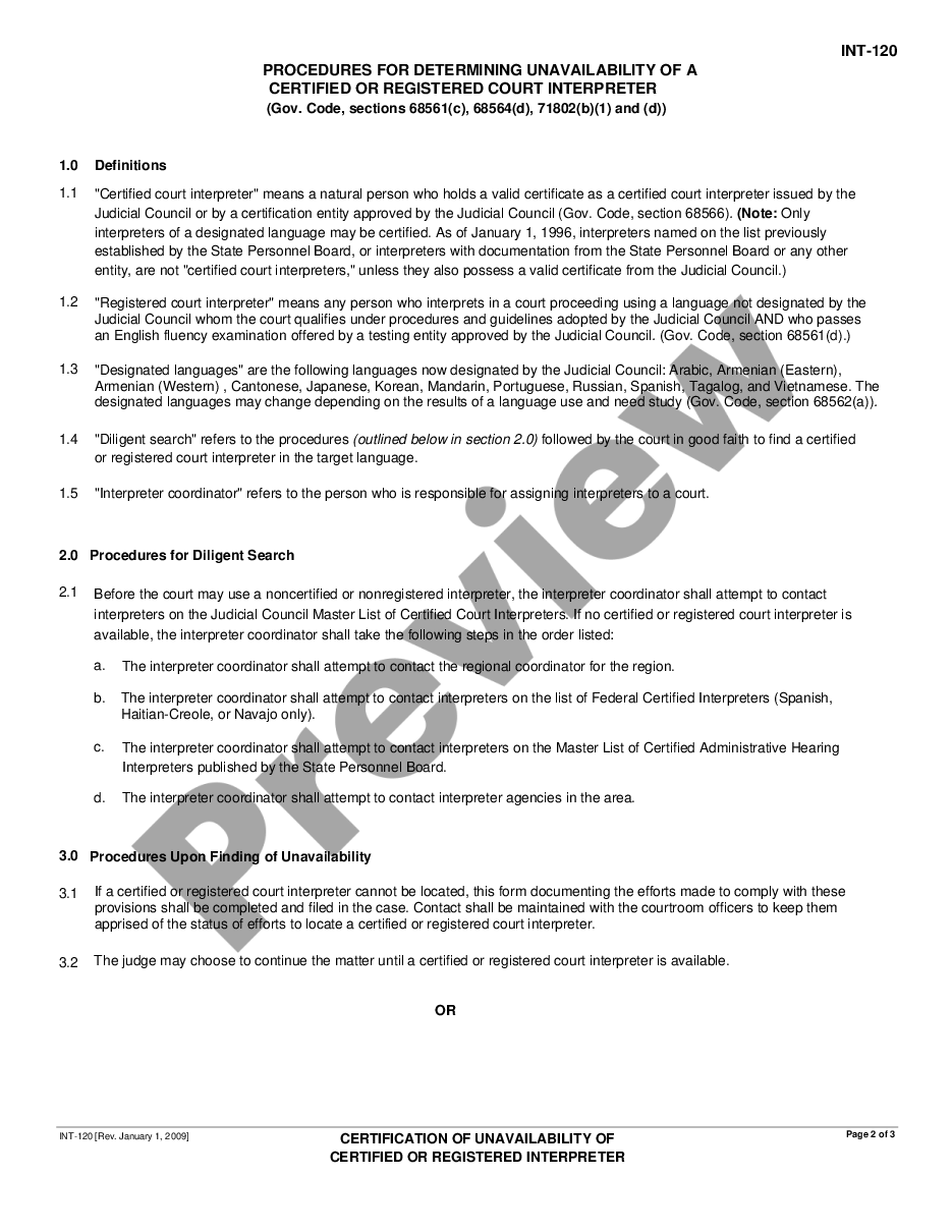 page 1 Certification of Unavailability of Certified Interpreters preview