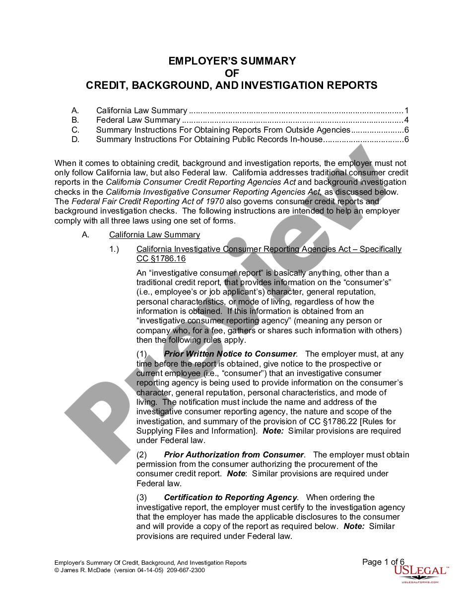 page 0 Employer's Summary of FCRA Investigation Reports preview