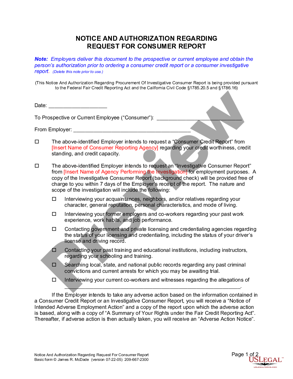 page 0 Notice and Authorization Regarding Consumer Report preview